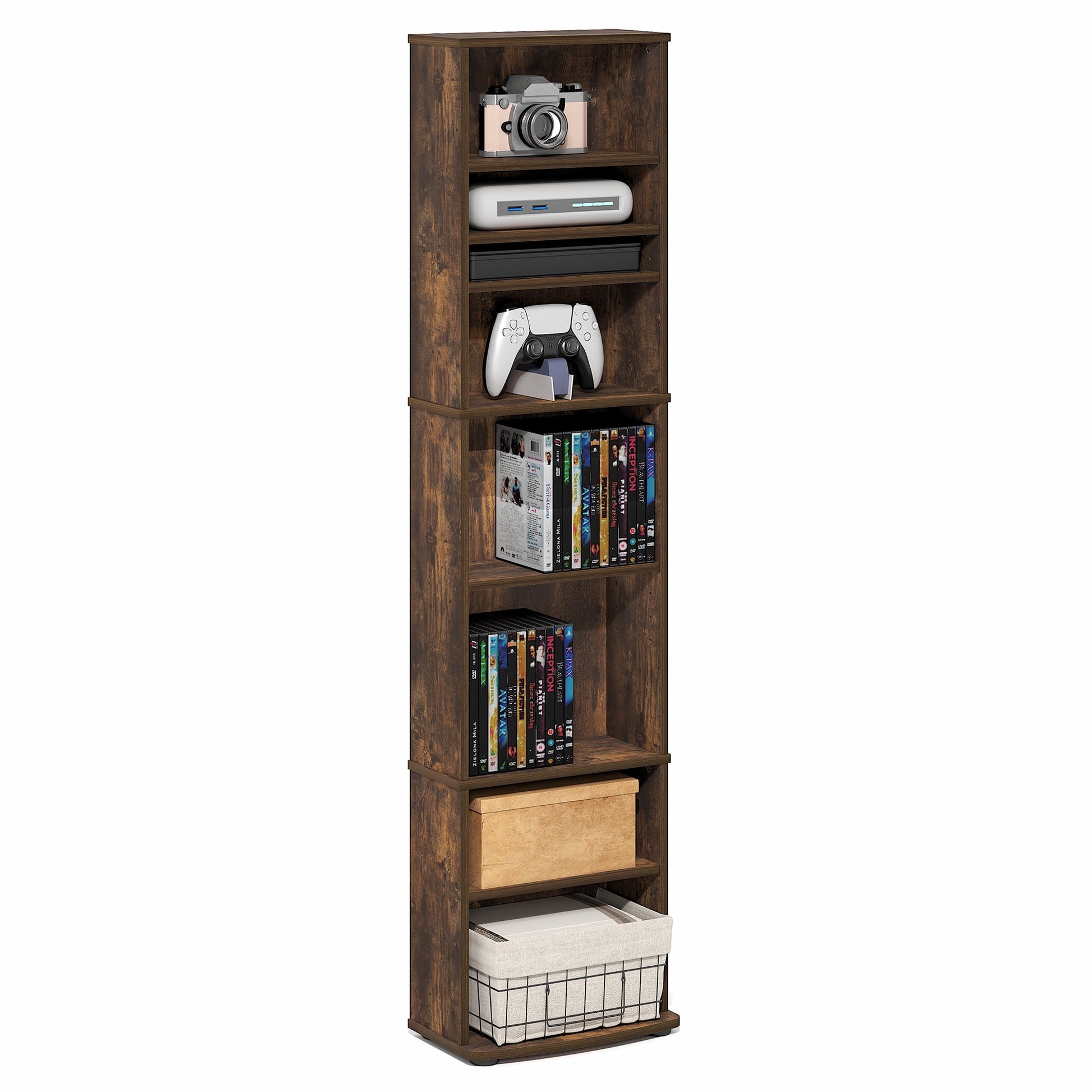 Furinno JAYA DVD 8-Tier Tall AdJUSTable Shelves Narrow Media Shelf Amber Pine