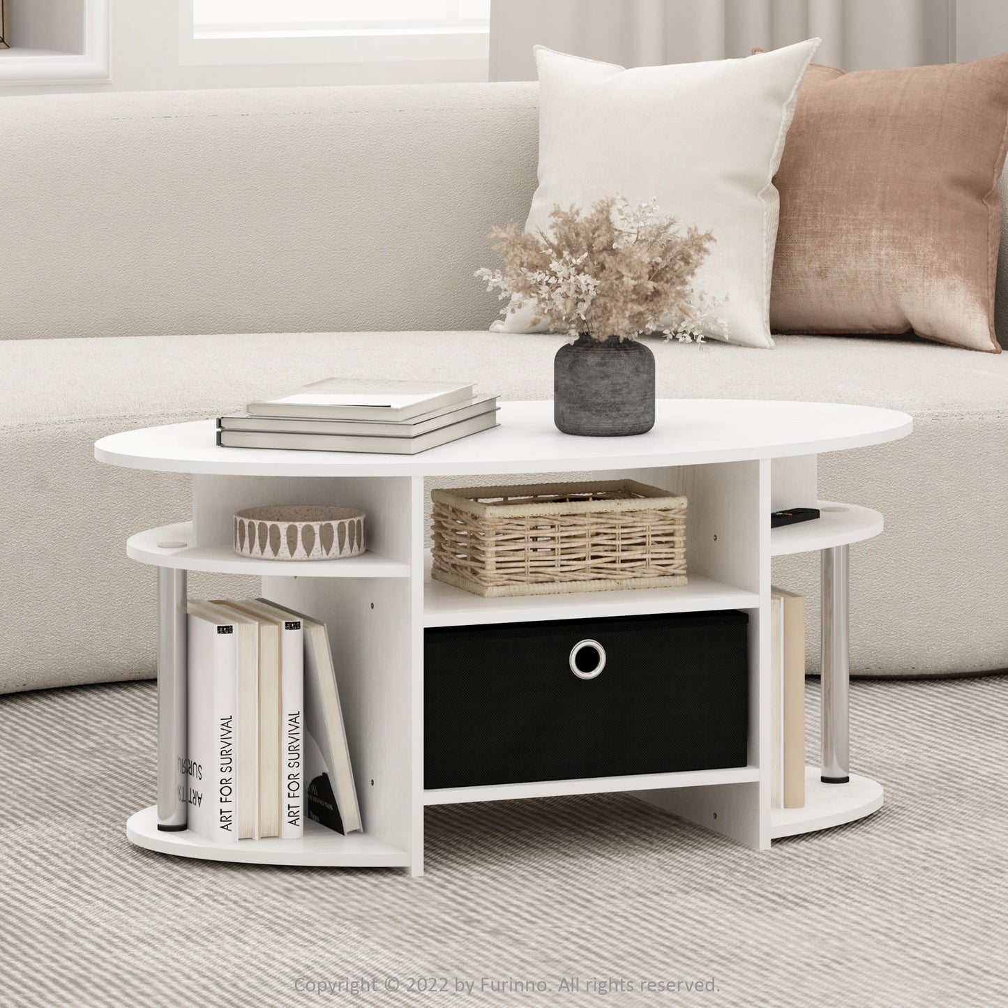 Furinno JAYA Mesa de Centro Ovalada de DiseÃ±o Simple con Contenedor, Roble FrancÃ©s Gris/negro