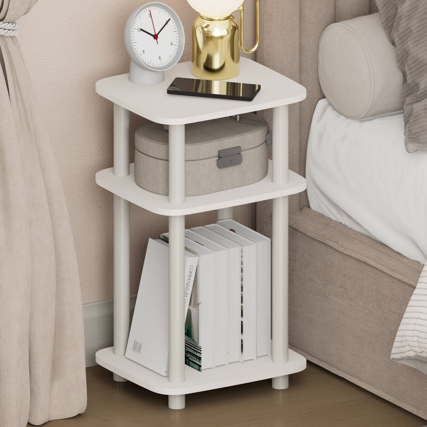 Furinno JUST 3-Tier Turn-N-Tube Open Nightstand Round Curve Corner White
