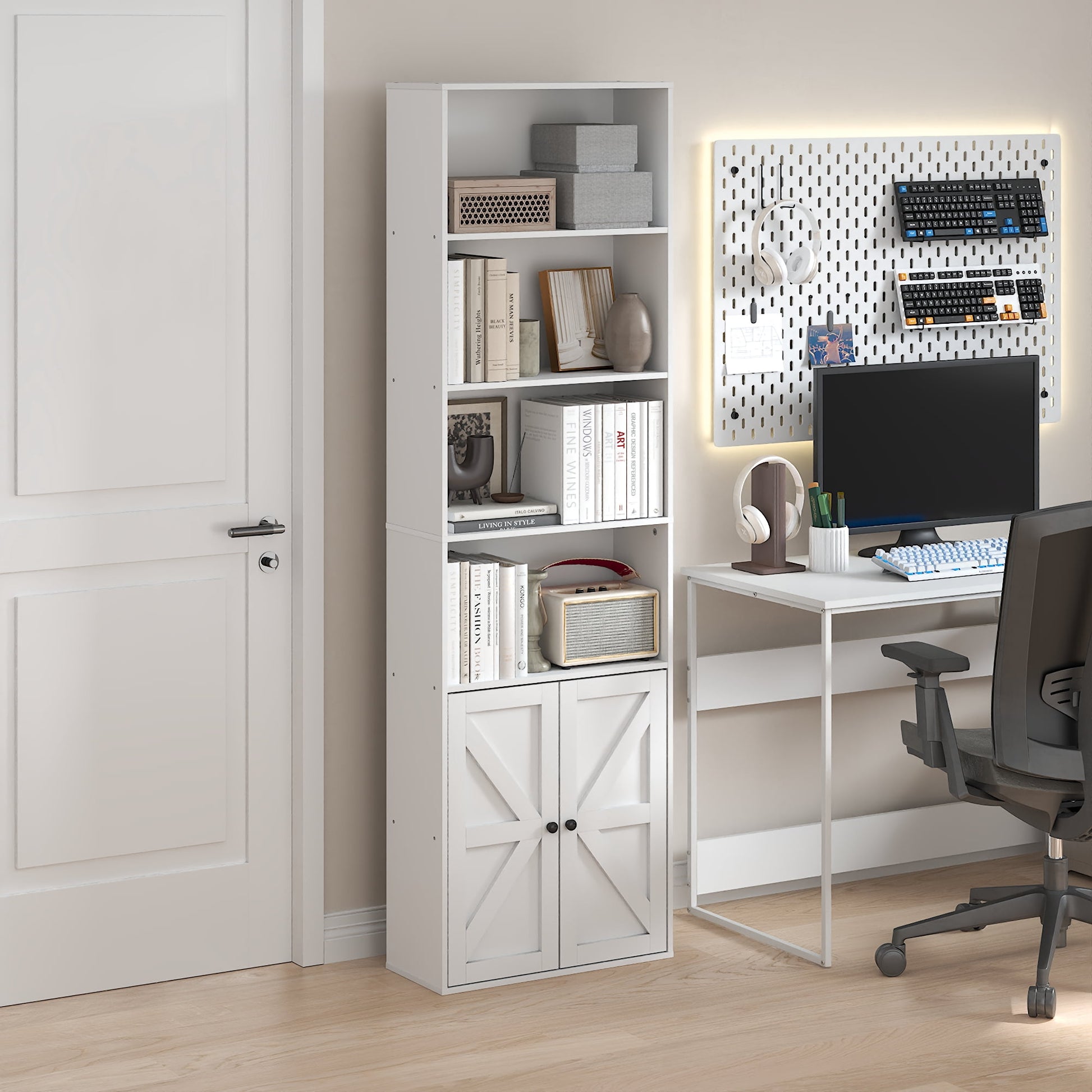 Furinno Jensen Farmhouse 6-Shelf Display Bookcase, Bookshelf with Doors, White