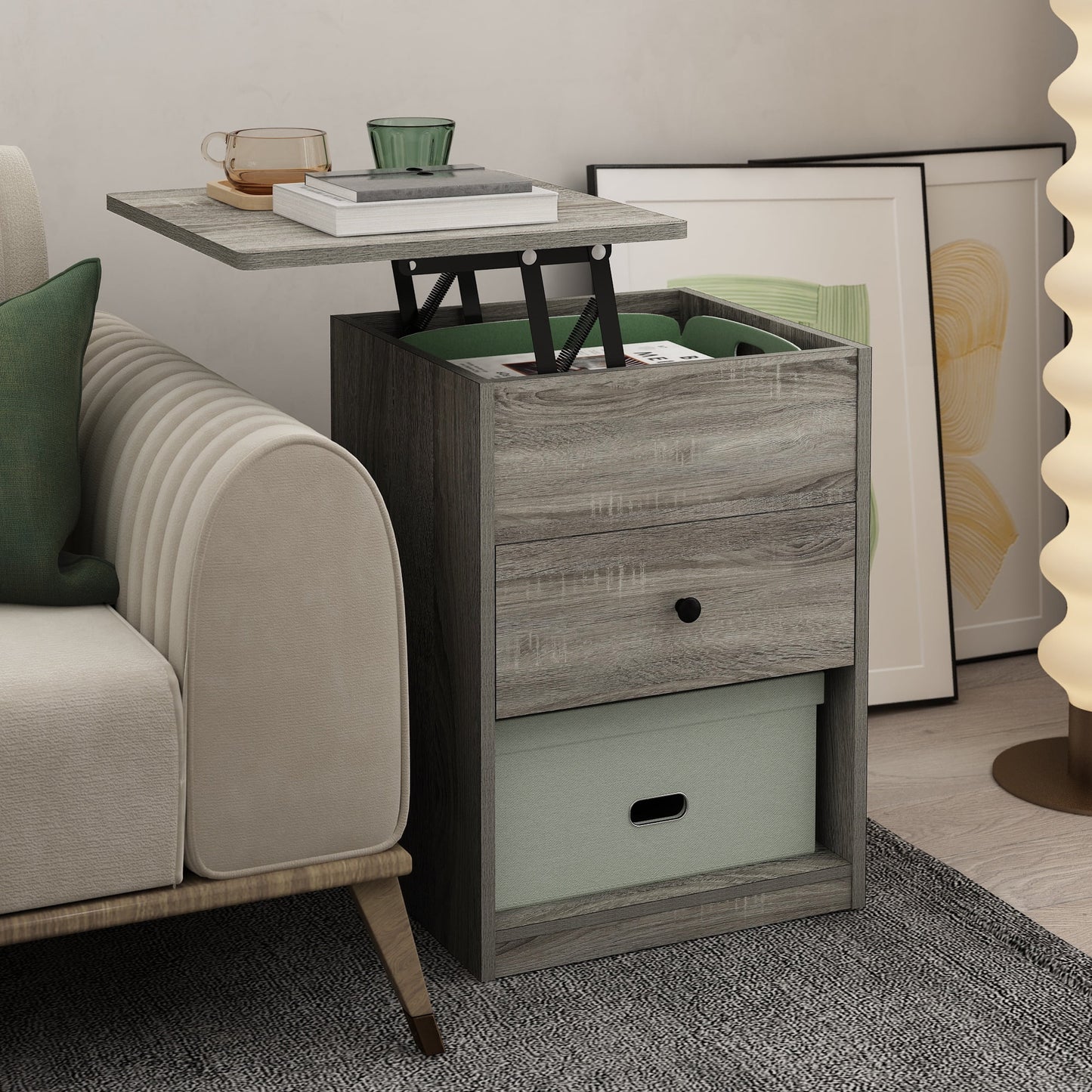 Furinno Jensen Mesita de Noche con Tapa Elevable, Roble Gris FrancÃ©s