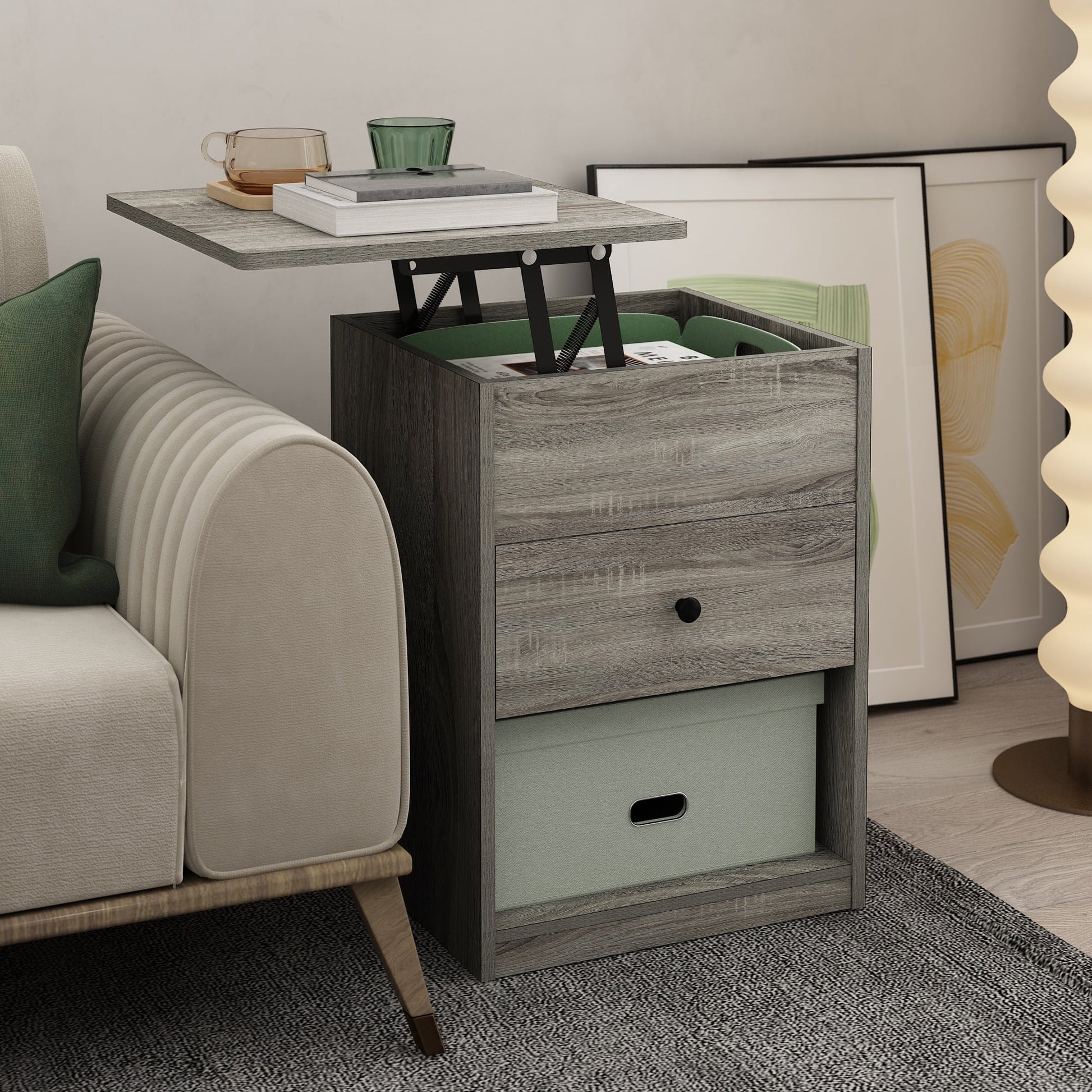 Furinno Jensen Mesita de Noche con Tapa Elevable, Roble Gris FrancÃ©s