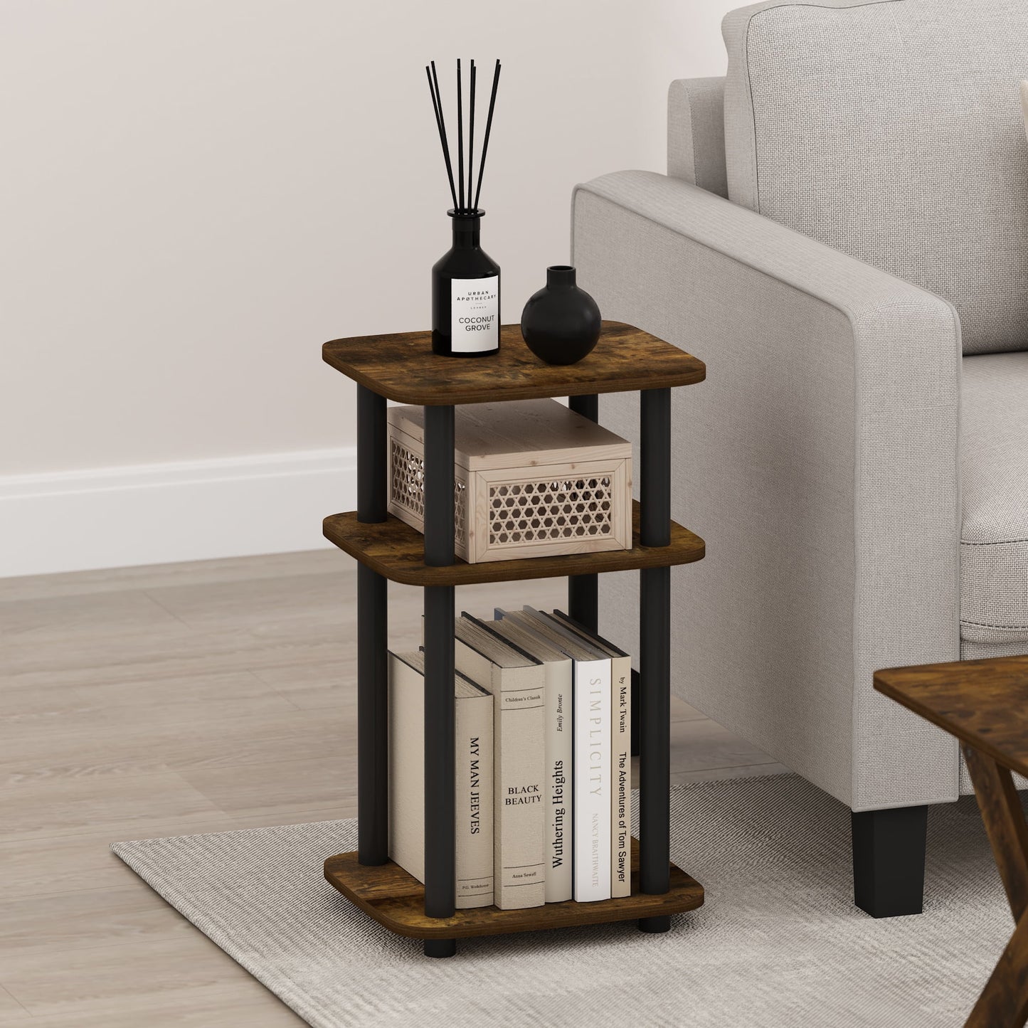 Furinno Just 3-Tier Turn-N-Tube Curve End Table, Side Table, 1-Pack, Amber Pine/Black