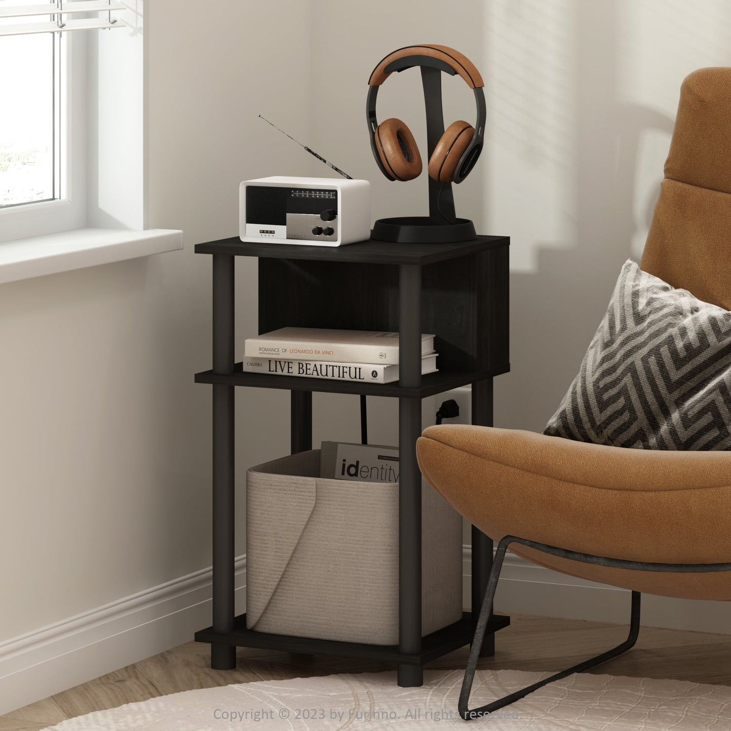 Furinno Just 3-Tier Turn-N-Tube Open Storage End Table with USB and Type-C Charging Port, Espresso/Black