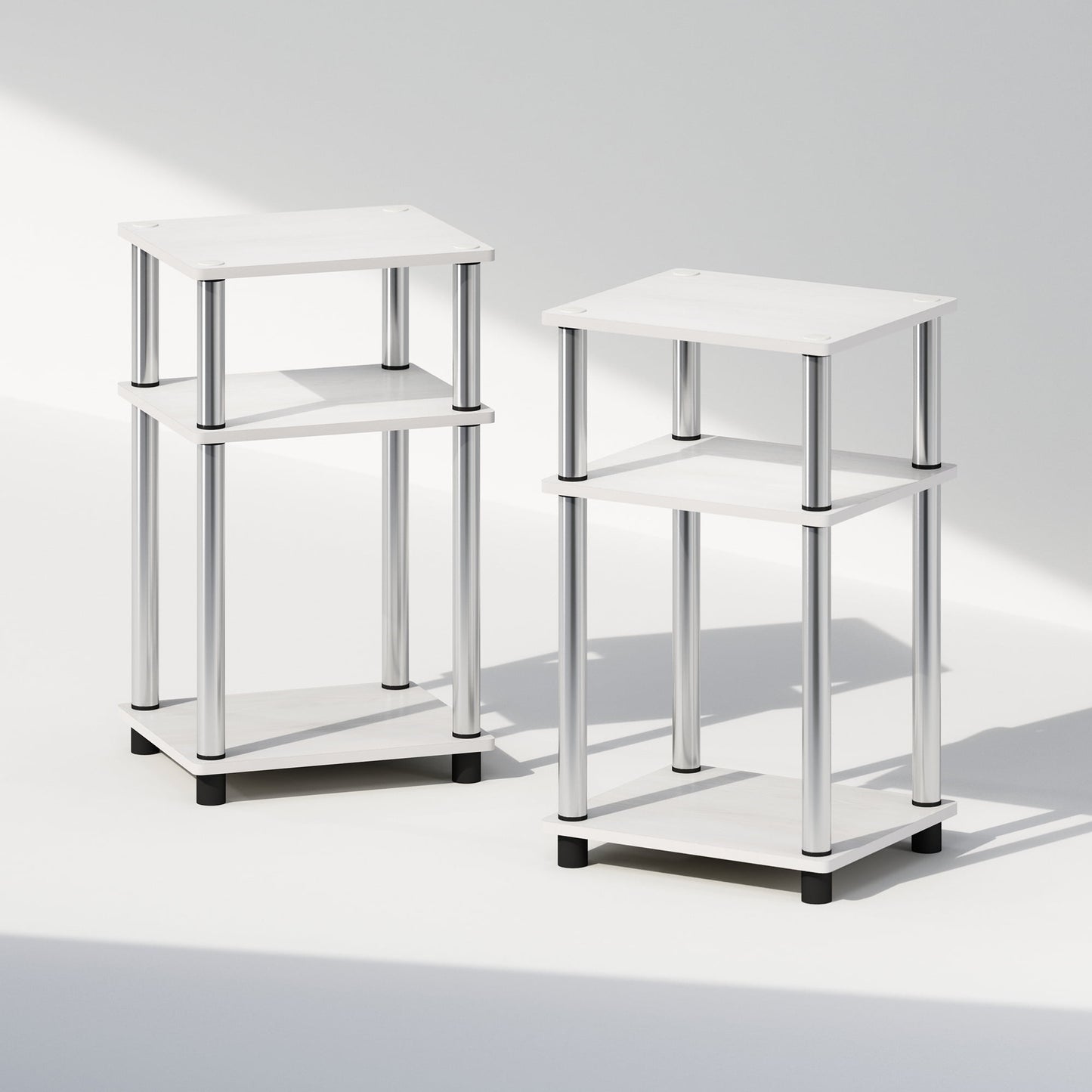 Furinno Just 3-Tier Turn-N-Tube Open Storage Nightstand, 2-Pack, White Oak, Stainless Steel Tubes