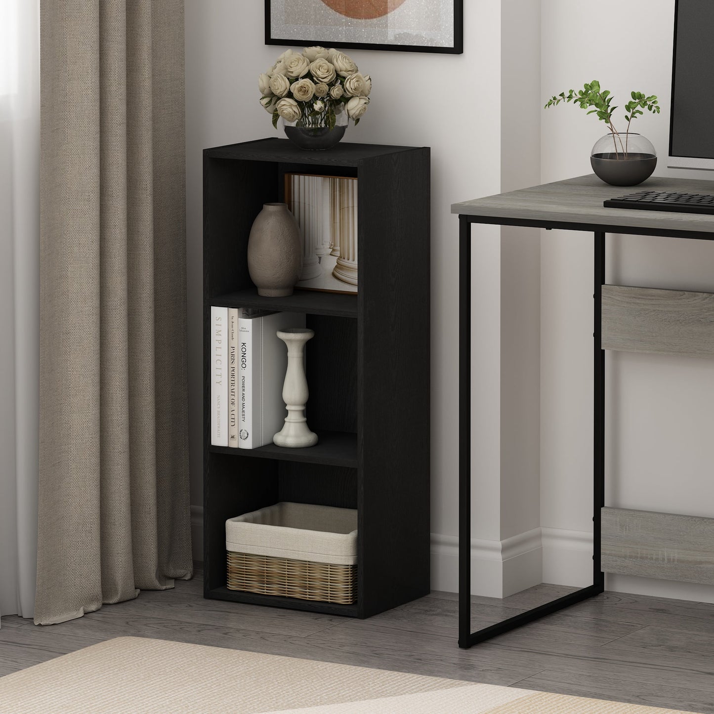Furinno LUDER Book Shelf, 3-Cube Bookcase, Bookshelf, Open Storage Shelf, 9.3 x 12 x 31.5 Inches, for Home Office, Living Room, Darkwood