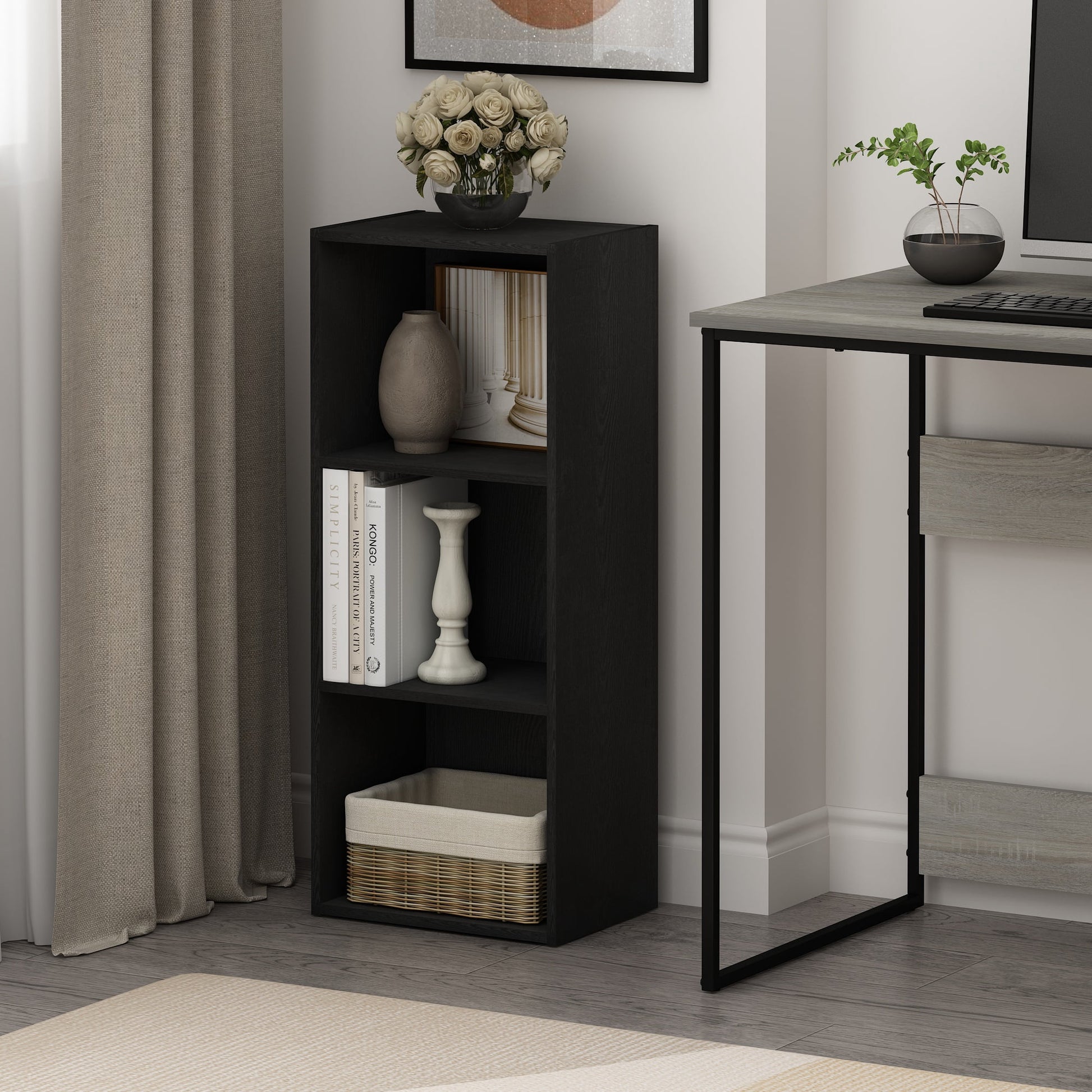 Furinno LUDER Book Shelf, 3-Cube Bookcase, Bookshelf, Open Storage Shelf, 9.3 x 12 x 31.5 Inches, for Home Office, Living Room, Darkwood