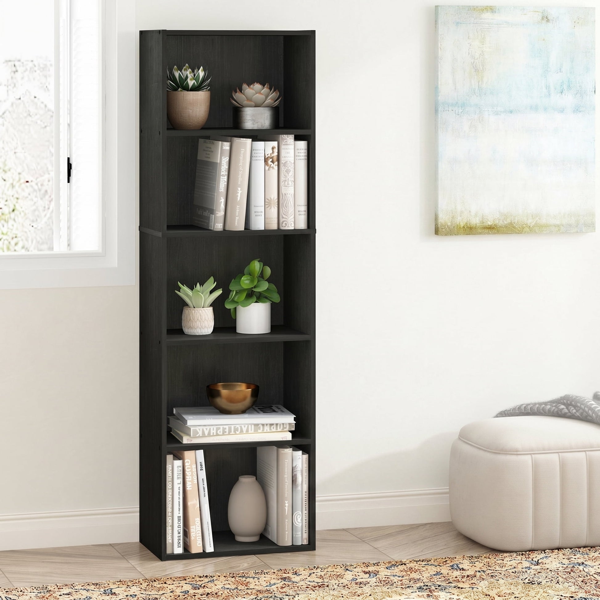 Furinno LUDER Book Shelf, 5-Cube Bookshelf, Bookcase with Open Shelf, 9.4 x 15.8 x 52, for Living Room, Bedroom, Home Office, Darkwood