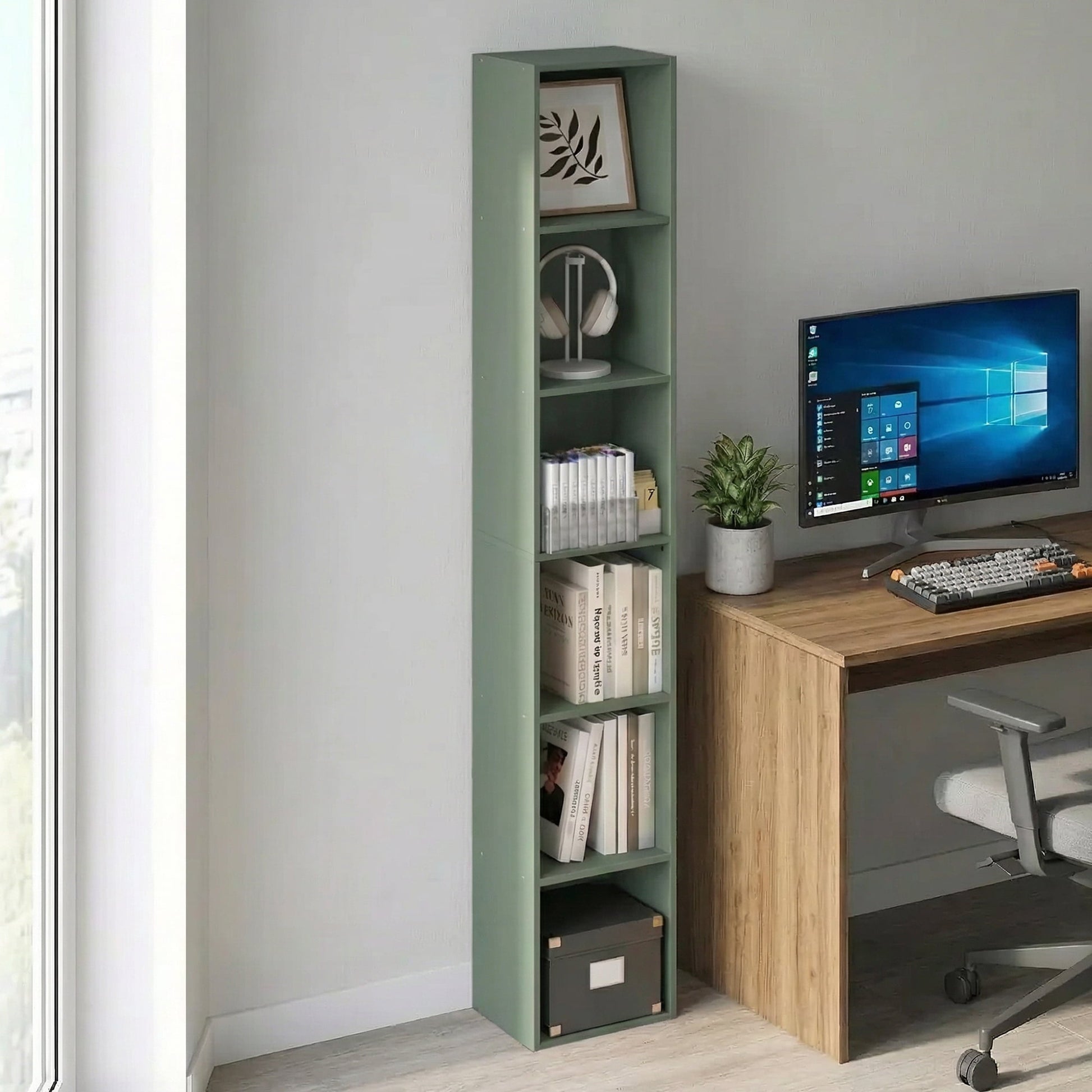 Furinno PASIR Book Shelf, 6-Tier Bookcase, Bookshelf, Open Storage Shelf, 9.4 x 12 x 71 Inches, for Home Office, Living Room, Darkwood