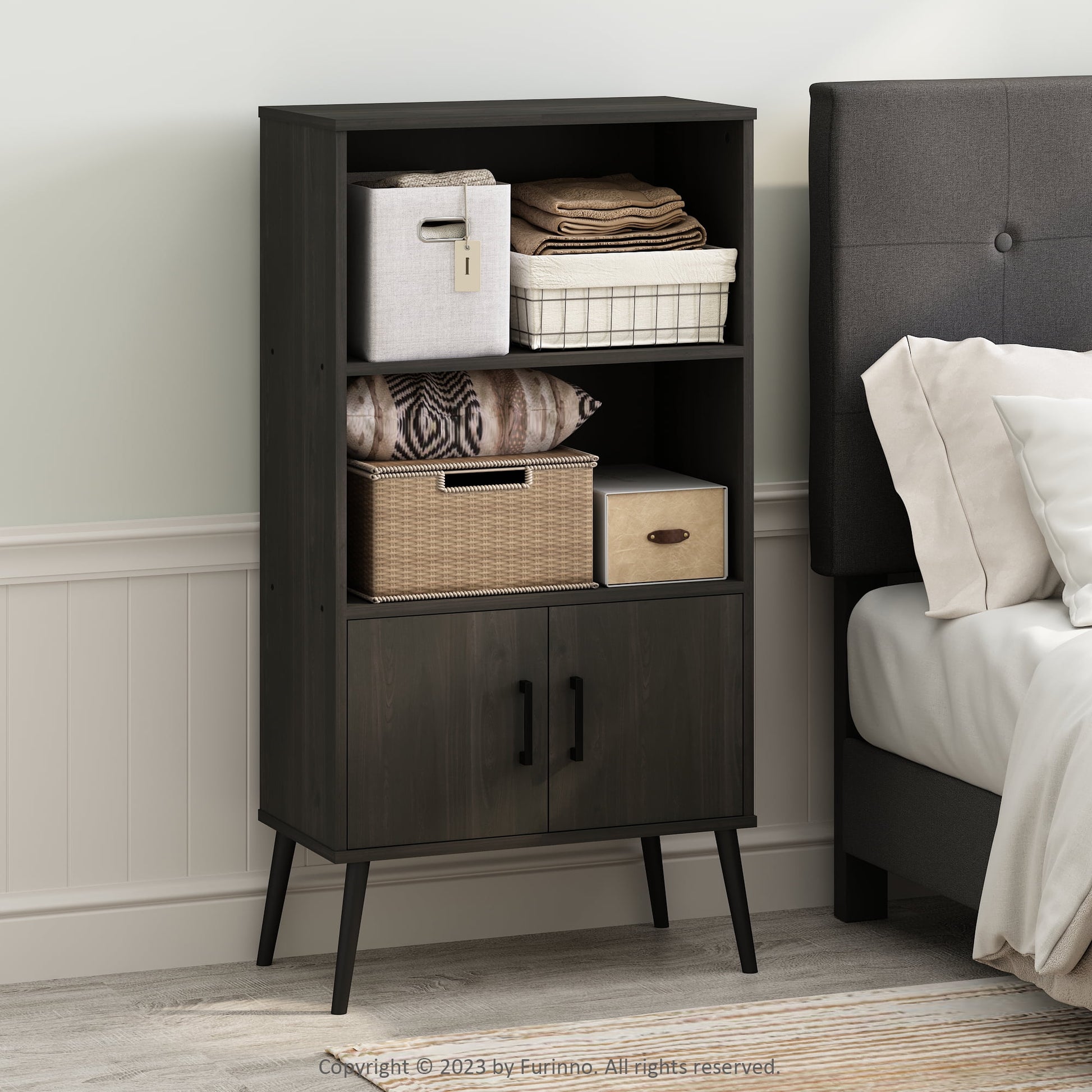 Furinno Mid-Century Open Display Shelves & Storage Cabinet with Wooden Legs, French Oak Grey