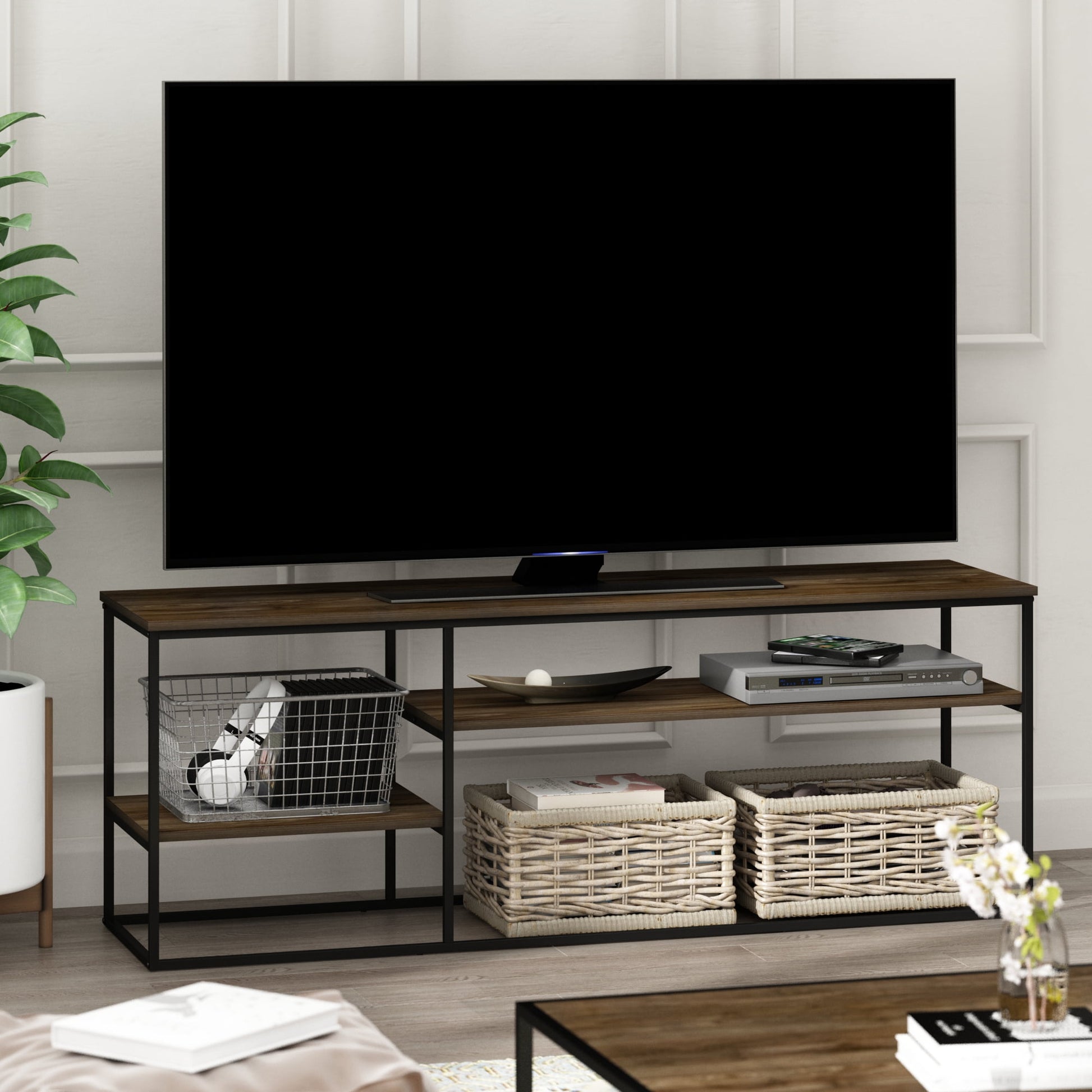 Furinno Moretti Modern Lifestyle TV Stand for TV up to 65 Inch, Columbia Walnut
