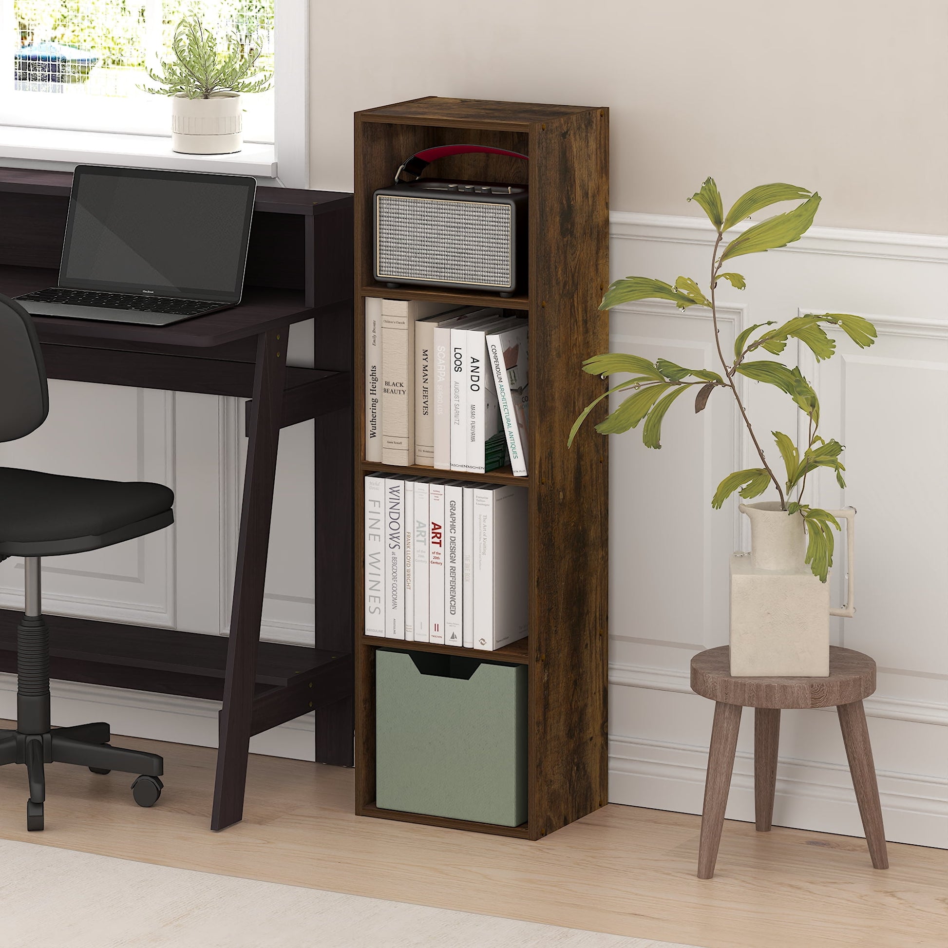 Furinno PASIR Book Shelf, 4-Tier Bookcase, Bookshelf, Open Storage Shelf, 9 x 12 x 42 Inches, for Home Office, Living Room, Amber Oak