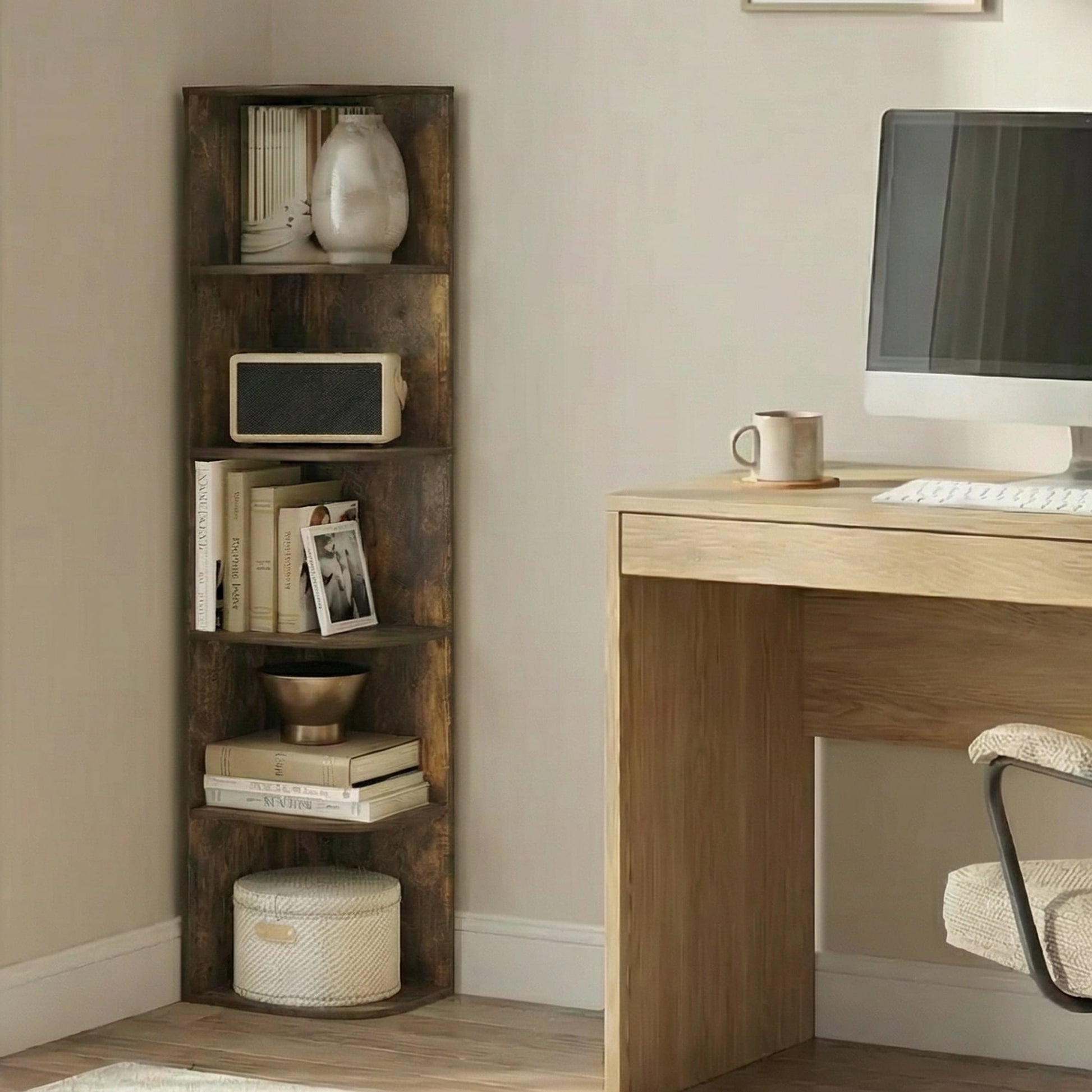 Furinno PASIR 5-Tier Corner Open Shelf Bookshelf 9.3 x 12 x 51.7 Amber Pine