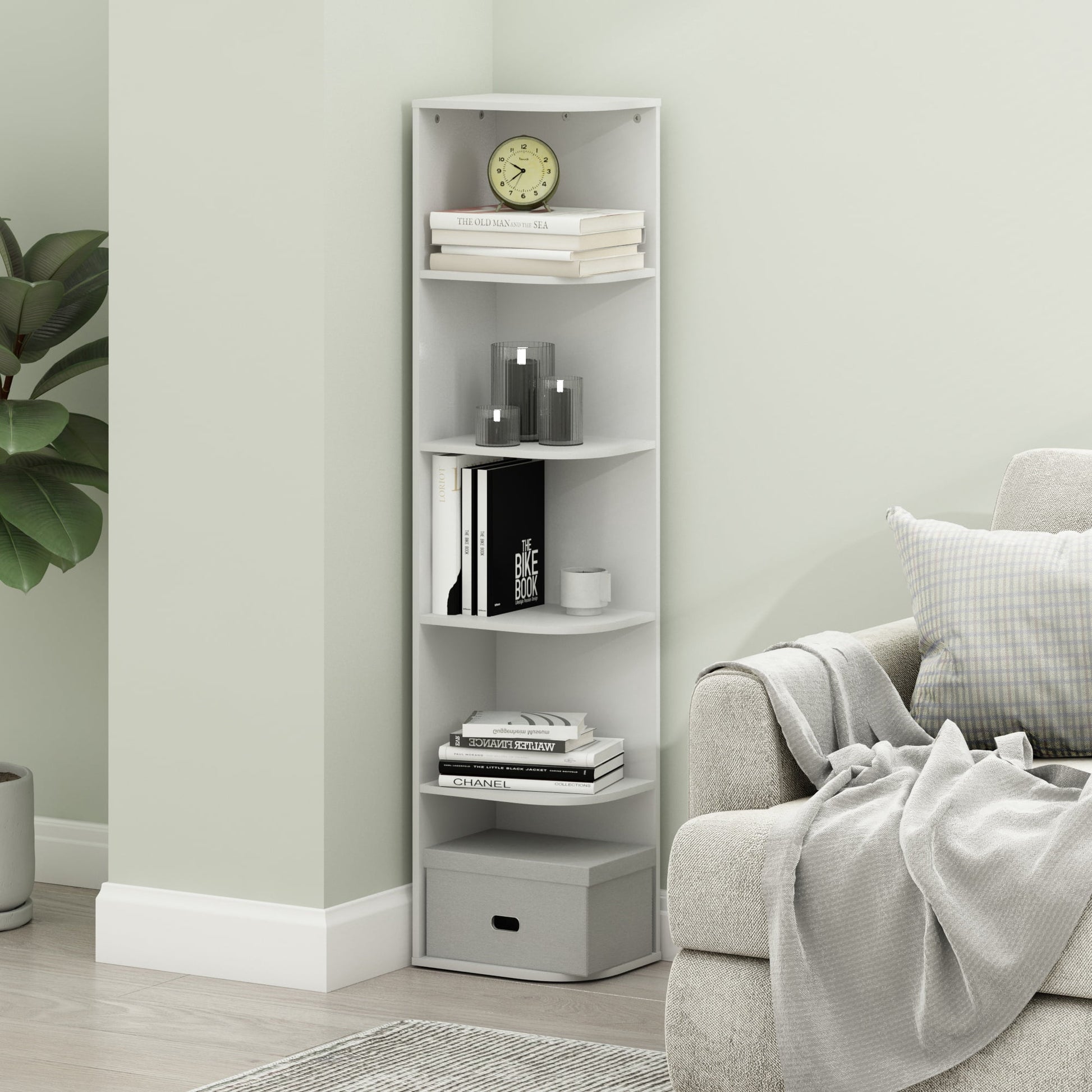Furinno Pasir 5-Tier Corner Open Shelf Bookcase, White