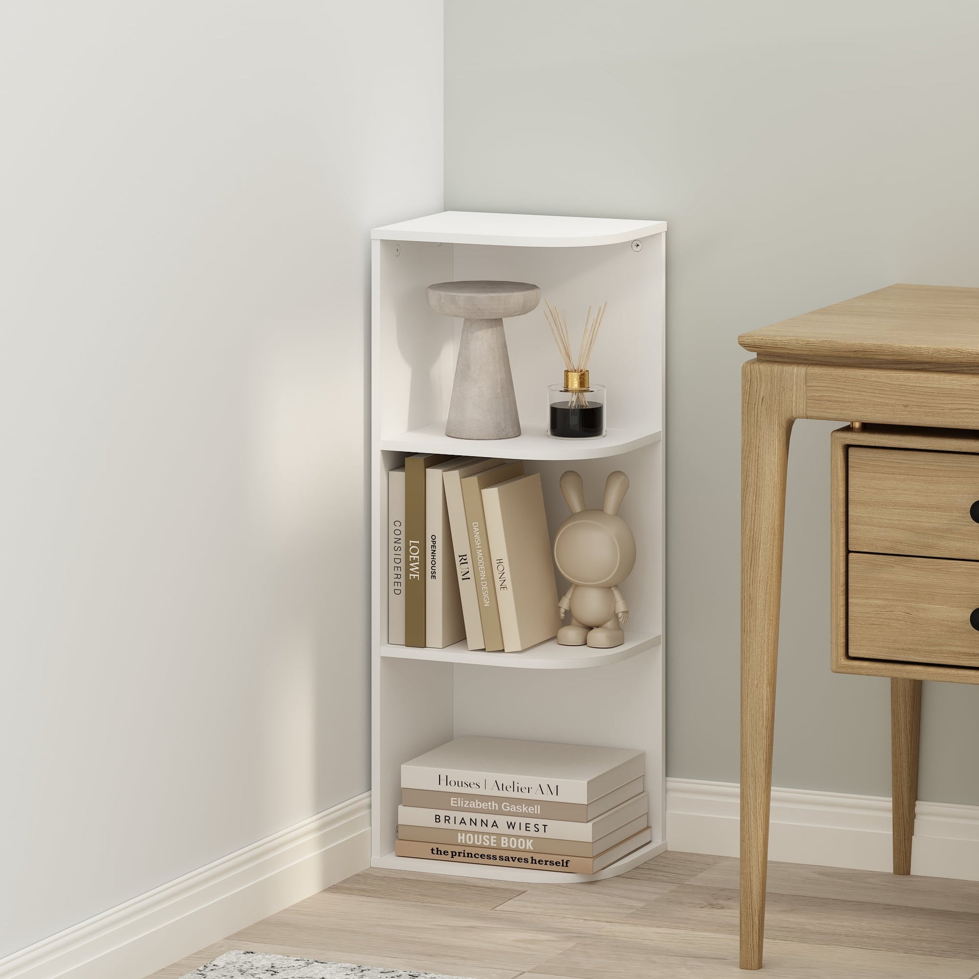 Furinno Reed 3-Tier Space Saving Corner Storage Display Shelf, Bookshelf, White