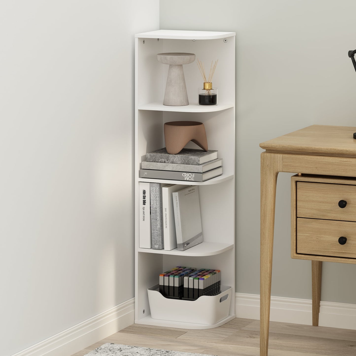 Furinno Reed 4-Tier Space Saving Corner Storage Display Shelf, Bookshelf, White