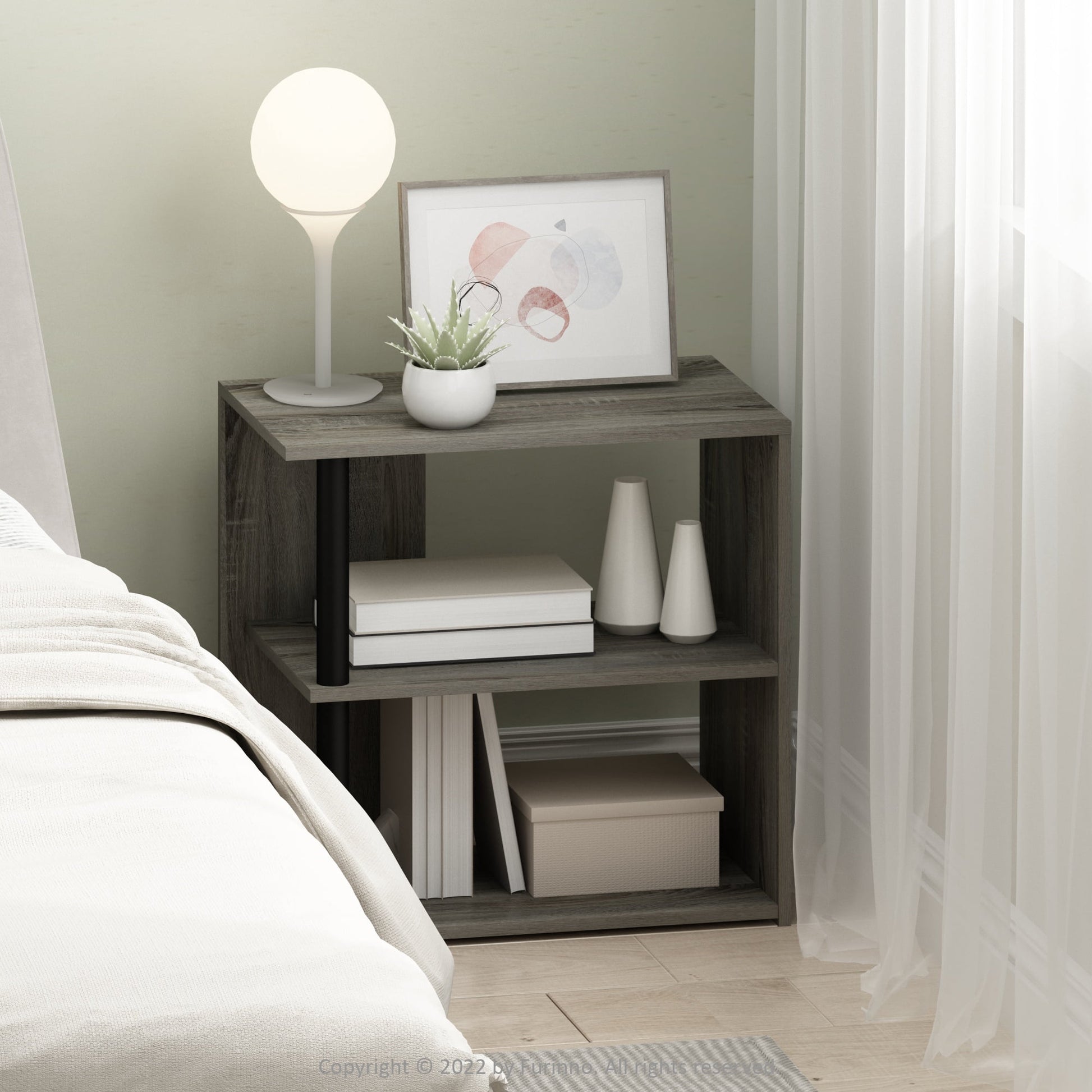 Furinno Romain 2-Tier End Table, French Oak/Black