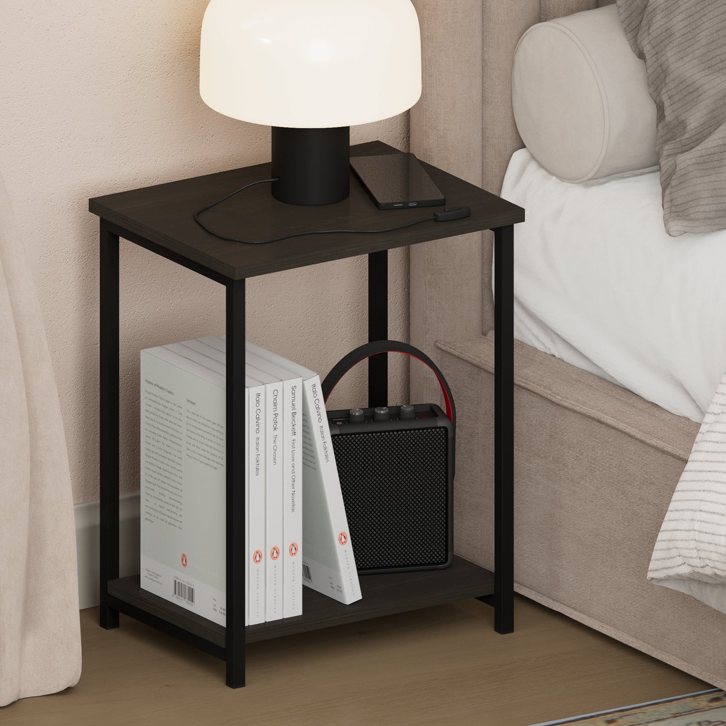 Furinno SIMPLISTIC 2-Tier Metal Frame Open Nightstand End/Side Table Espresso