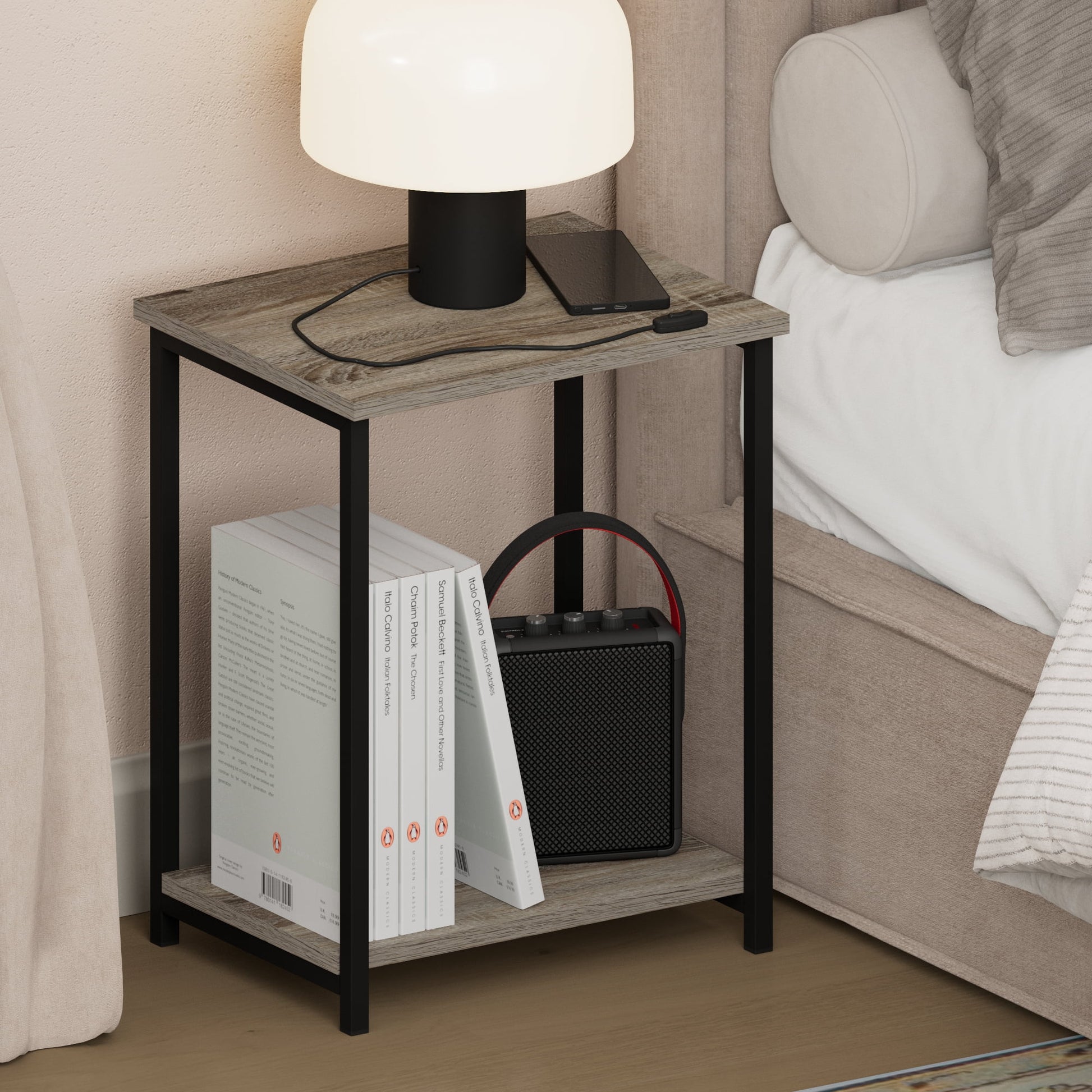 Furinno SIMPLISTIC 2-Tier Metal Frame Open Nightstand End/Side Table French Oak