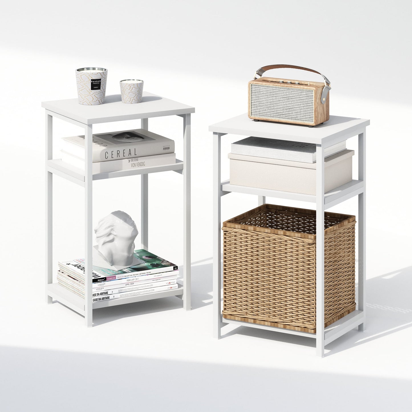 Furinno SIMPLISTIC Night Stand Set of 2, 3-Tier Open Shelf Design Nightstand with Metal Frame, Bedside Table, End Table, Side Table, for Bedroom, Living Room, White