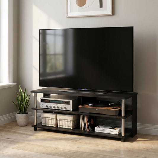 Furinno SULLY TV Stand, 3-Tier Rectangular Entertainment Center with Open Shelf, TV Console for TV up to 48 Inch, Open Frame for Cable Management, for Living Room, Bedroom, Dark Americano