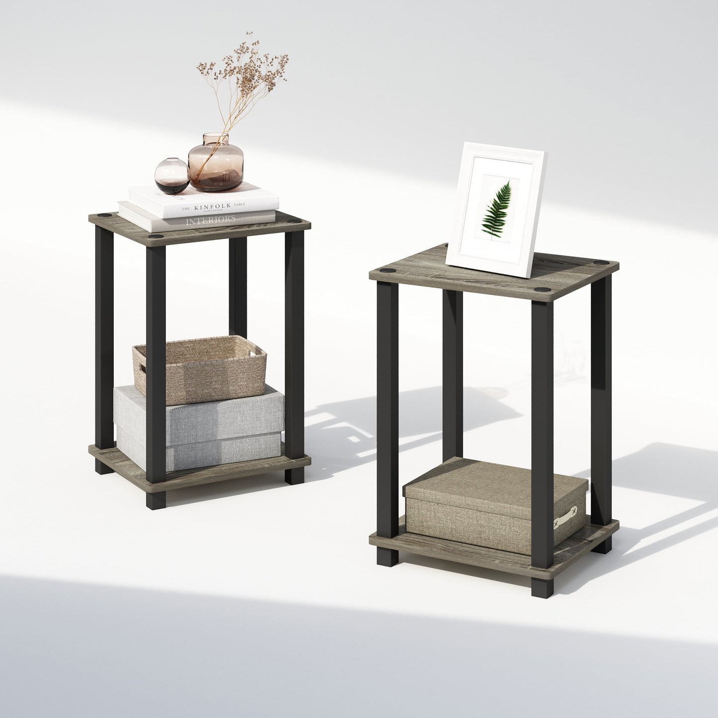 Furinno Simplistic Compact Bedside Table, Nightstand, French Oak/Black, Set of 2