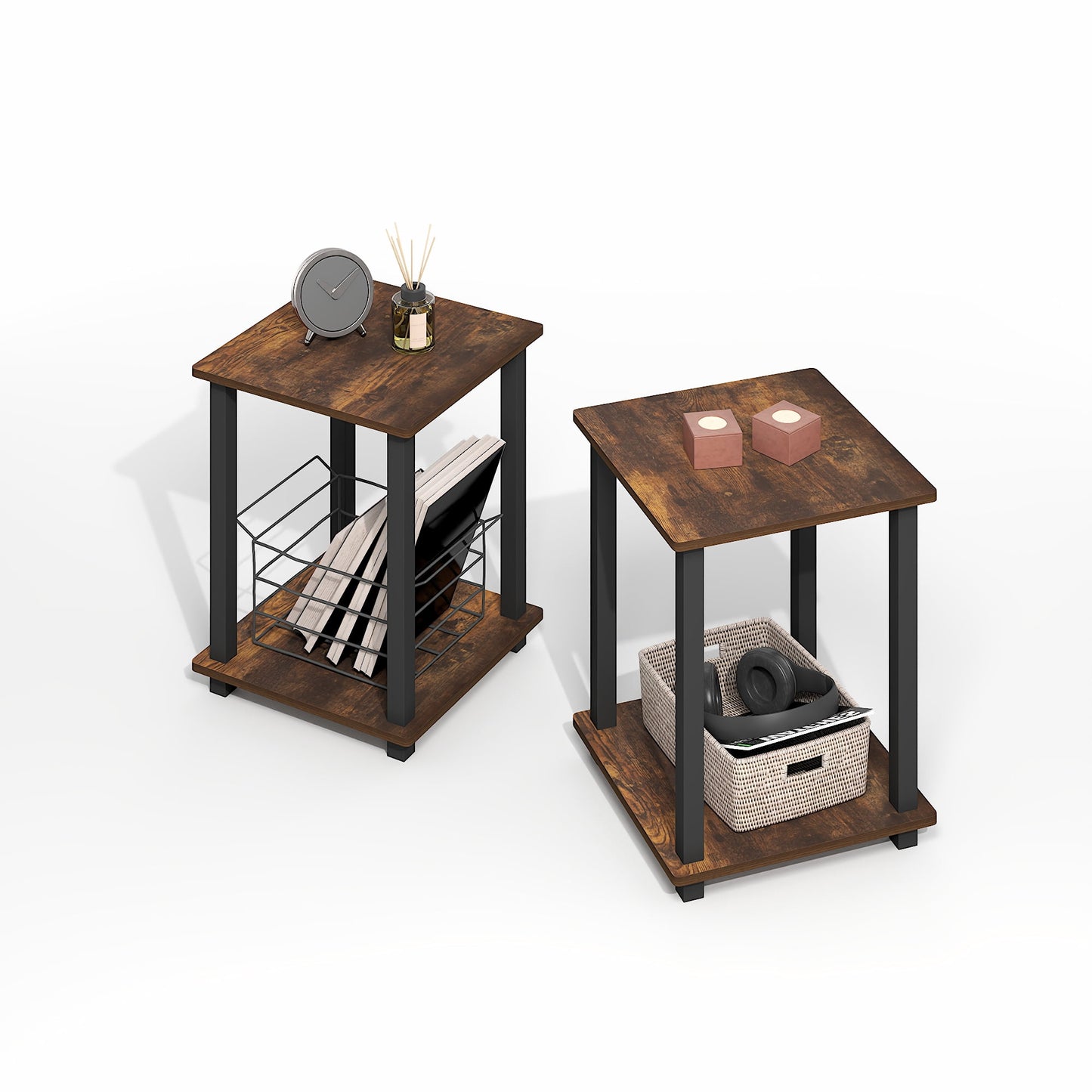Furinno Simplistic End Table, Set of Two, Amber Oak/Black