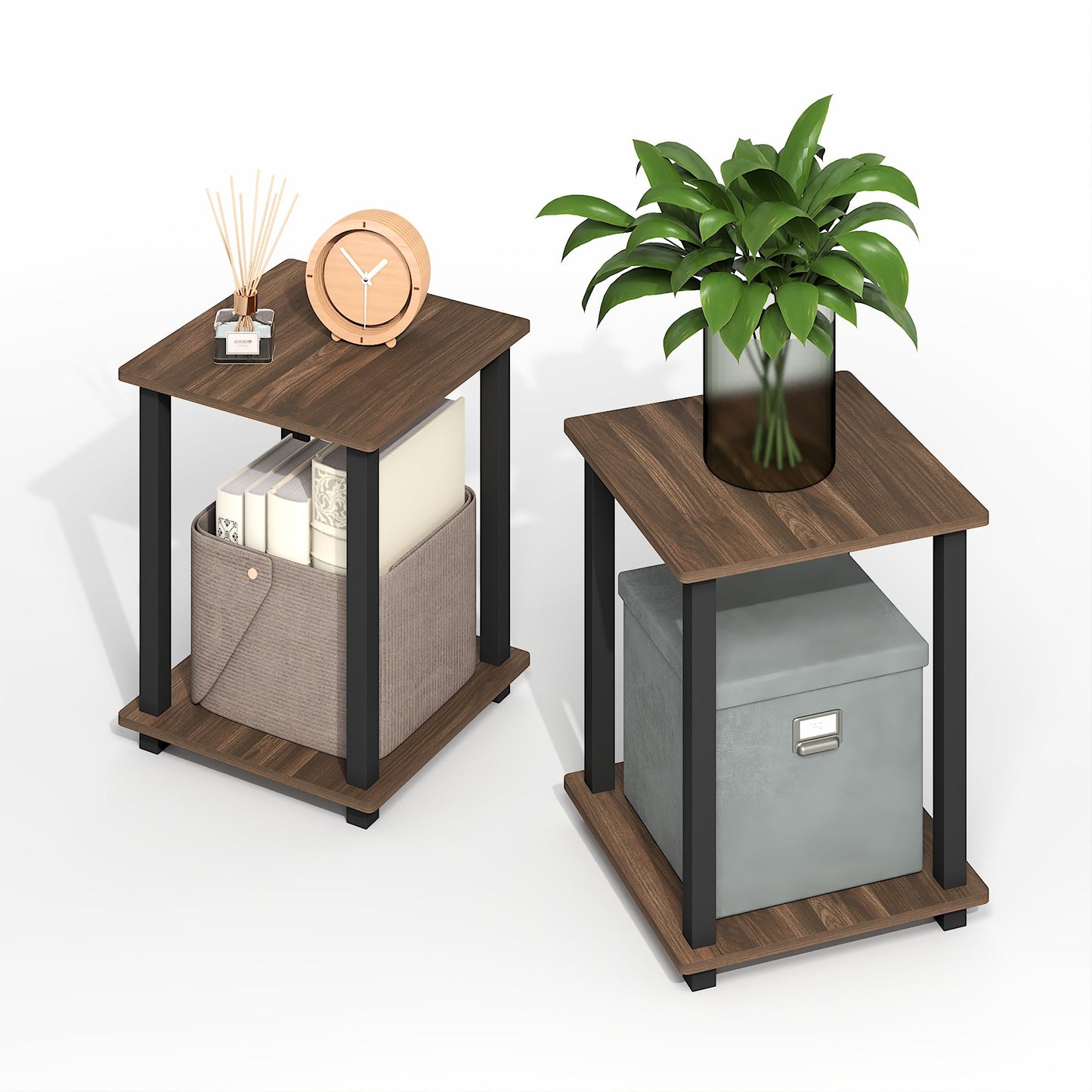 Furinno Simplistic End Table, Set of Two, Brown Walnut/Black