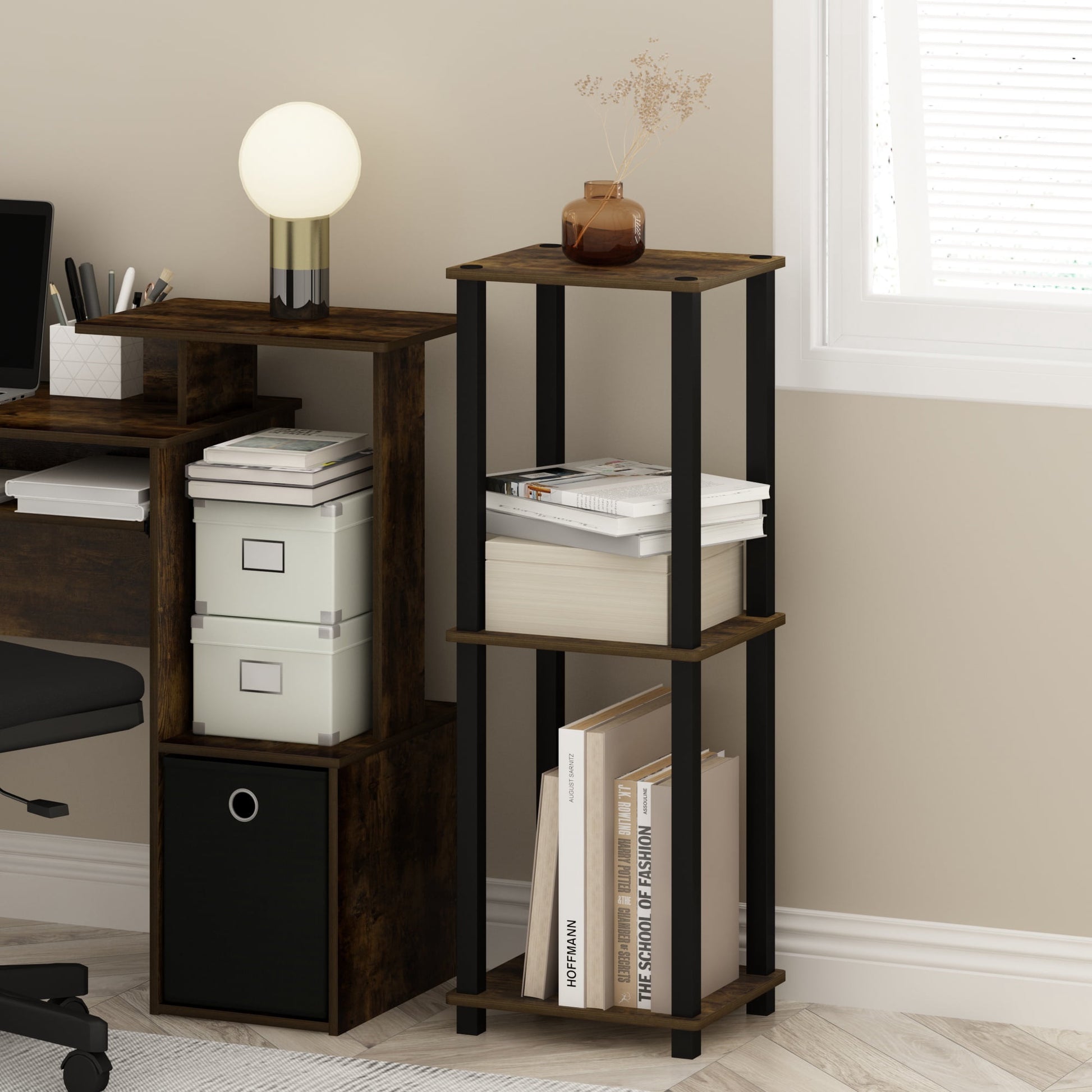 Furinno Simplistic End Table, Small, Set of 2, Amber Pine/Black
