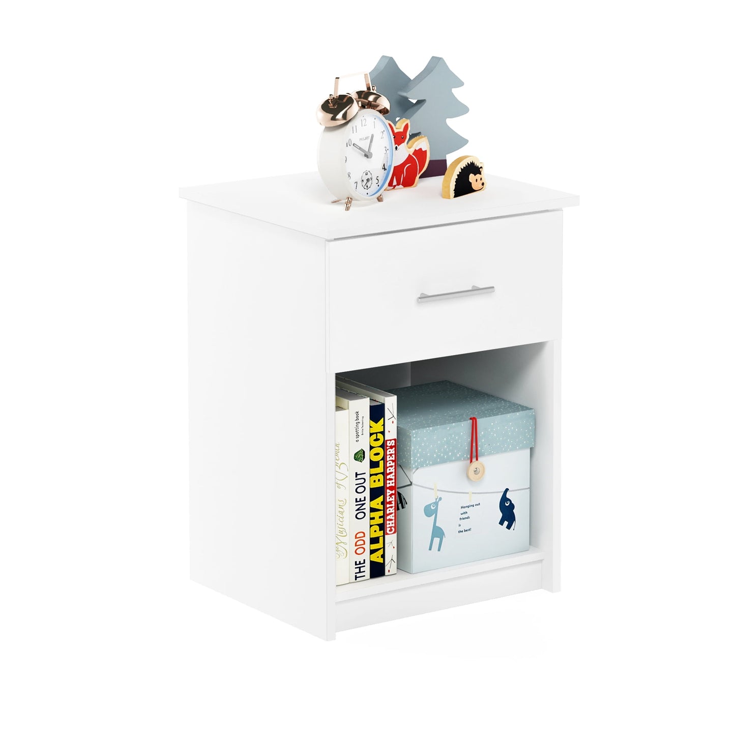 Furinno TIDUR Night Stand, Nightstand with Drawer, Bedside Table, End Table, Side Table with Storage Shelf, Bar Handle Drawer, for Bedroom, Living Room, White