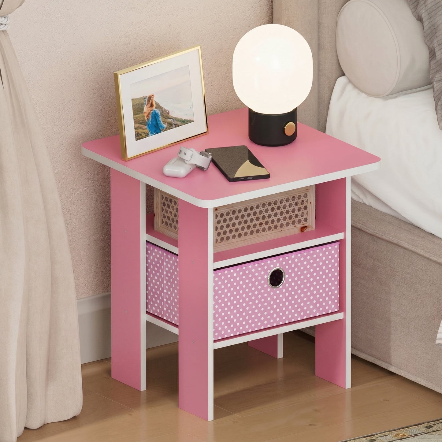 Furinno TIDUR Open Shelf Nightstand with Storage Bin. End Table. Pink