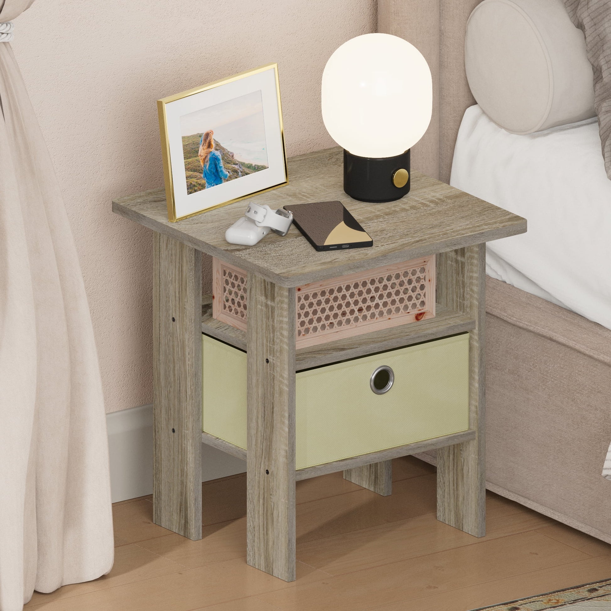 Furinno TIDUR Night Stand, Open Shelf Design Nightstand with Storage Bin, Bedside Table, End Table, Side Table, for Bedroom, Living Room, Sonoma Oak
