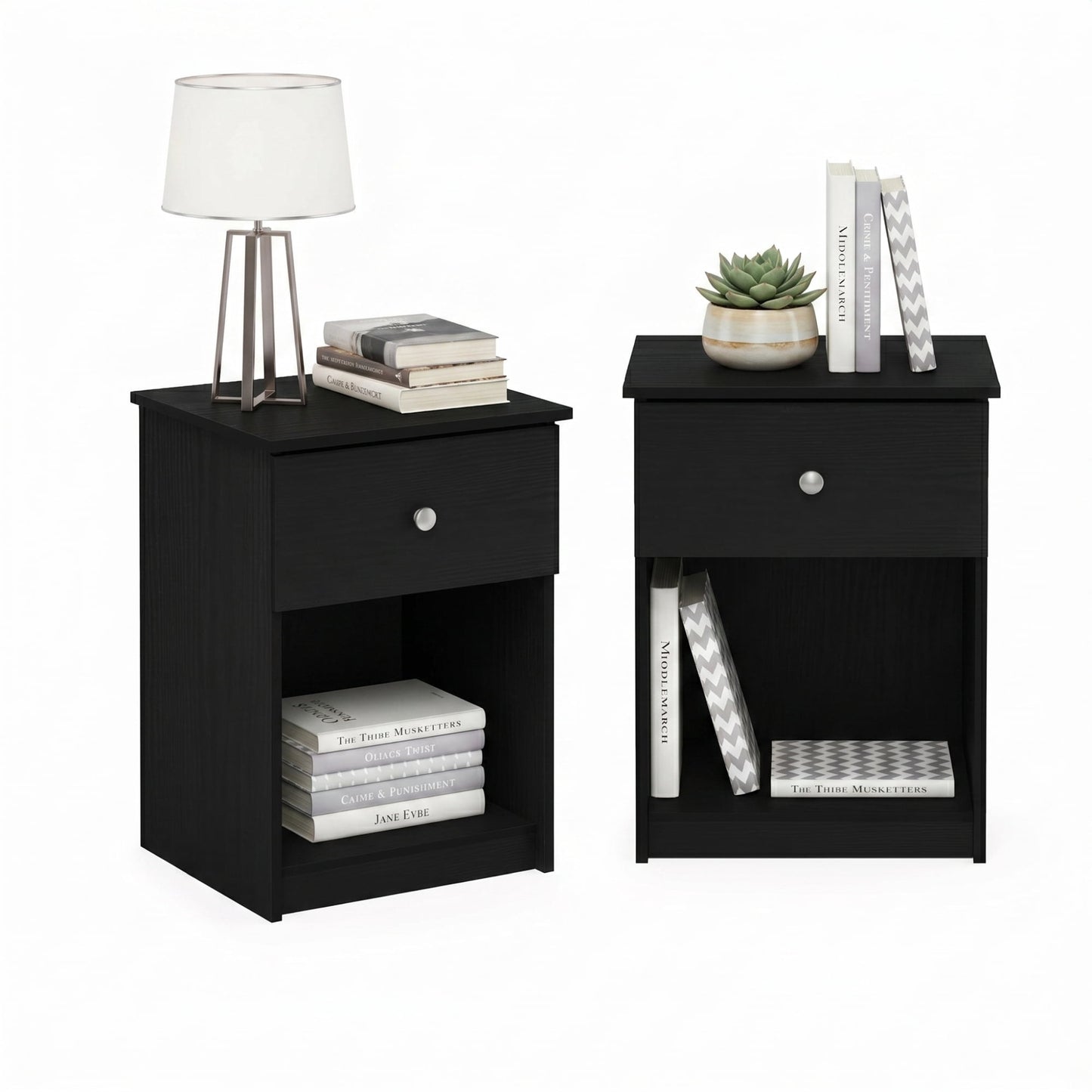 Furinno TIDUR Night Stand Set of 2, Modern Nightstand with Drawer, Bedside Table with Storage Shelf, End Table, Side Table, Knob Handle Drawer, for Bedroom, Living Room, Dark Americano
