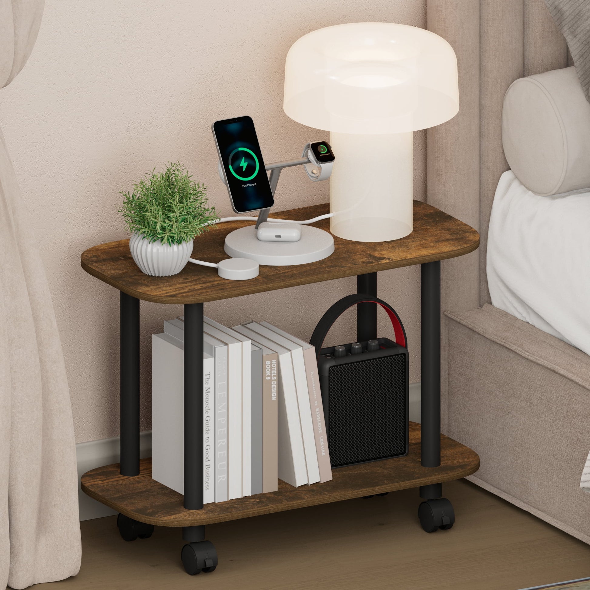 Furinno TURN-N-TUBE 2-Tier Oval Nightstand/Wheels Round Corner Amber Pine