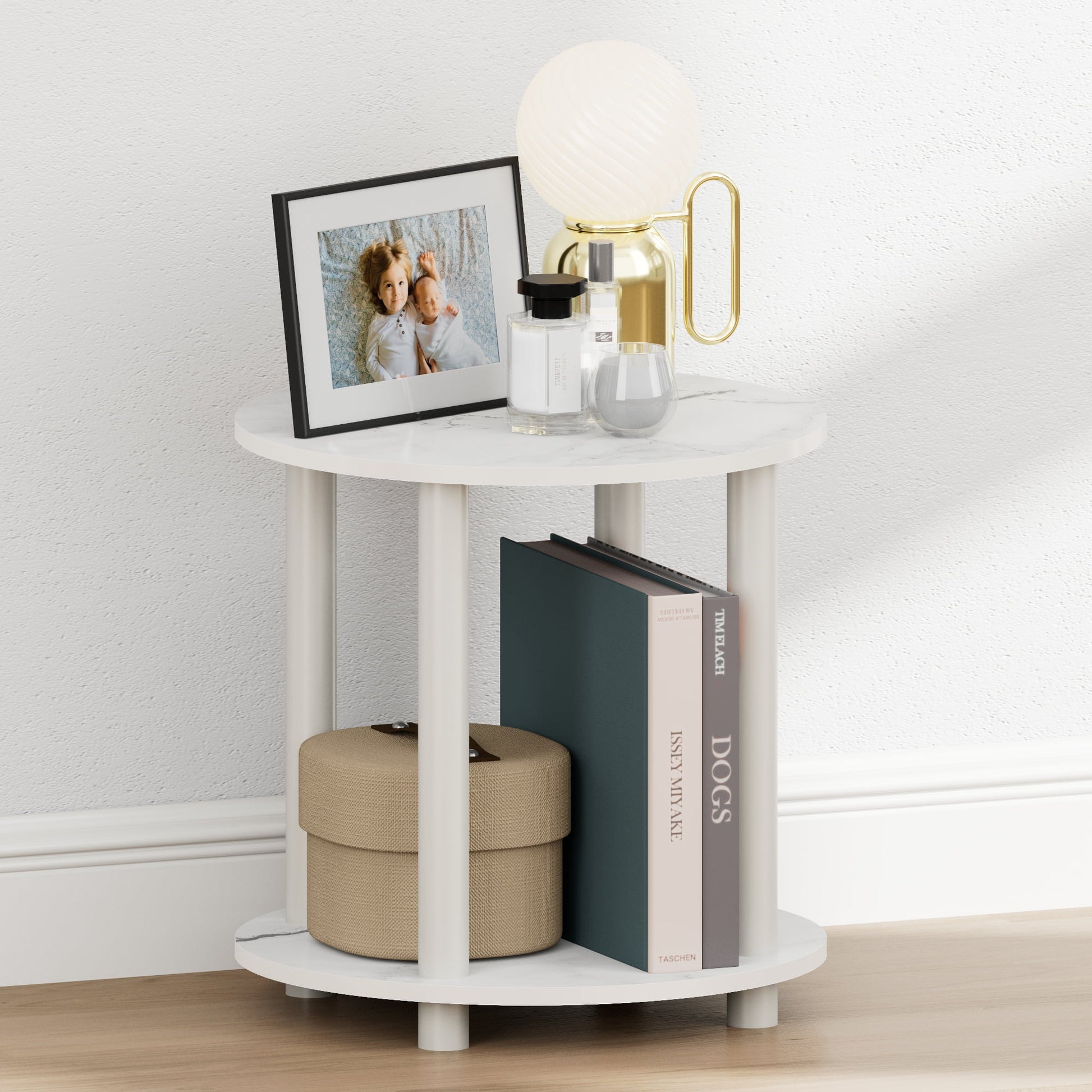Furinno TURN-N-TUBE 2-Tier Small Round Toolless Nightstand Marble White