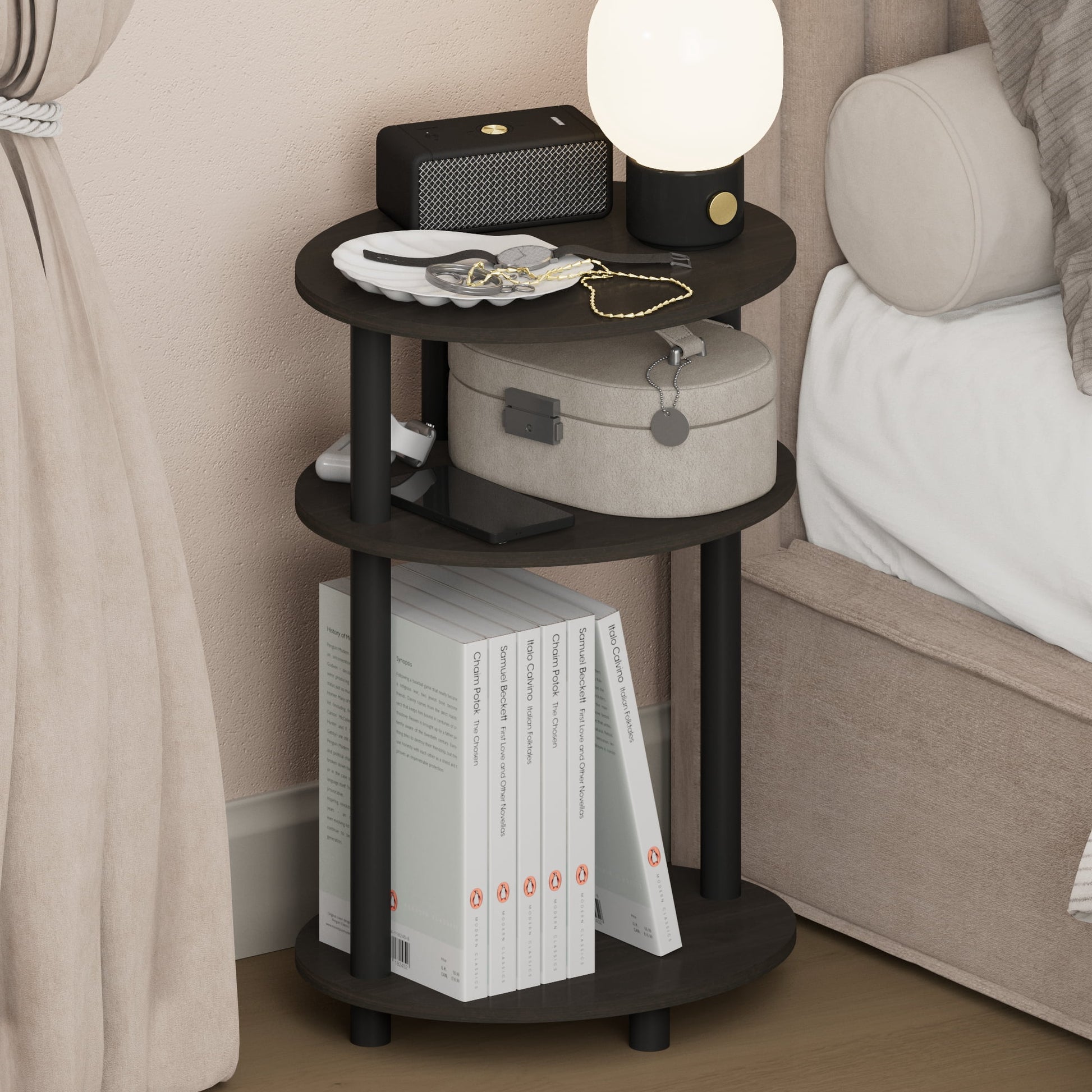 Furinno TURN-N-TUBE 3-Tier Oval Toolless Narrow Nightstand End Table Espresso