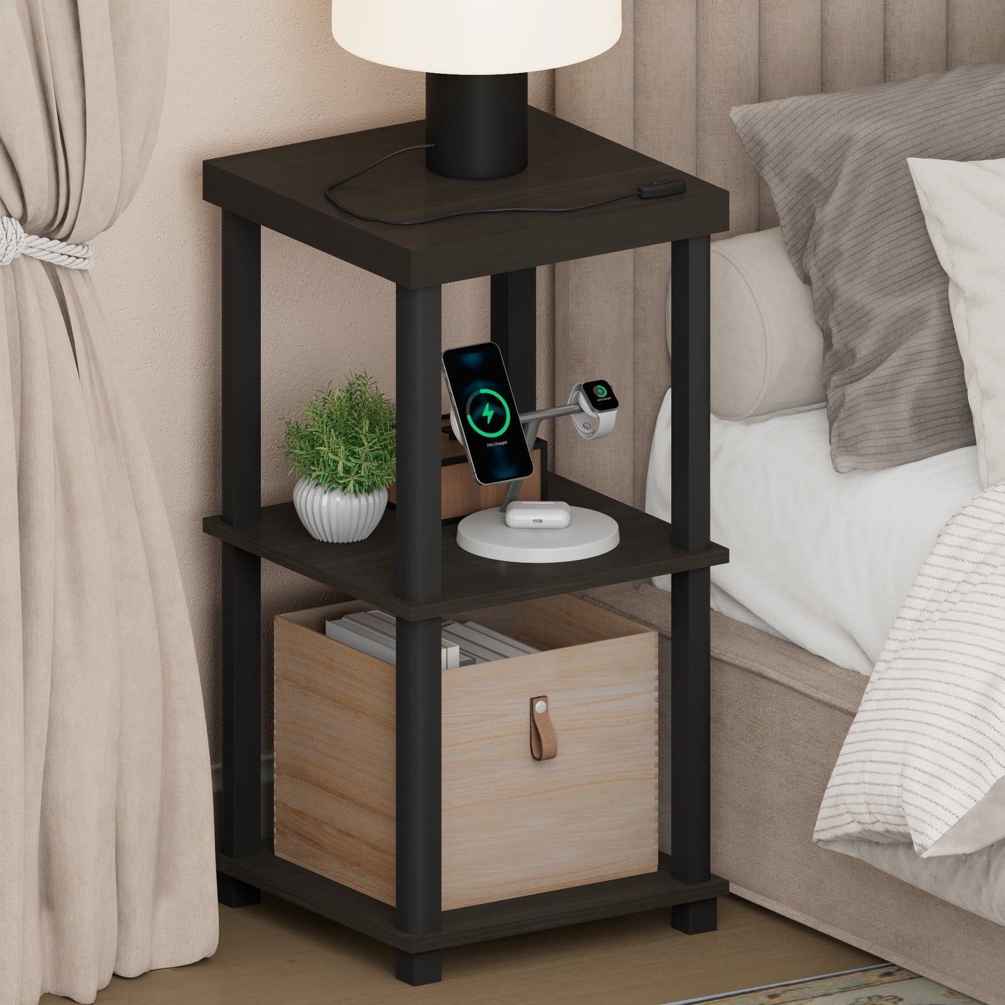 Furinno TURN-N-TUBE 3-Tier Thick Tabletop Toolless Open Nightstand Espresso