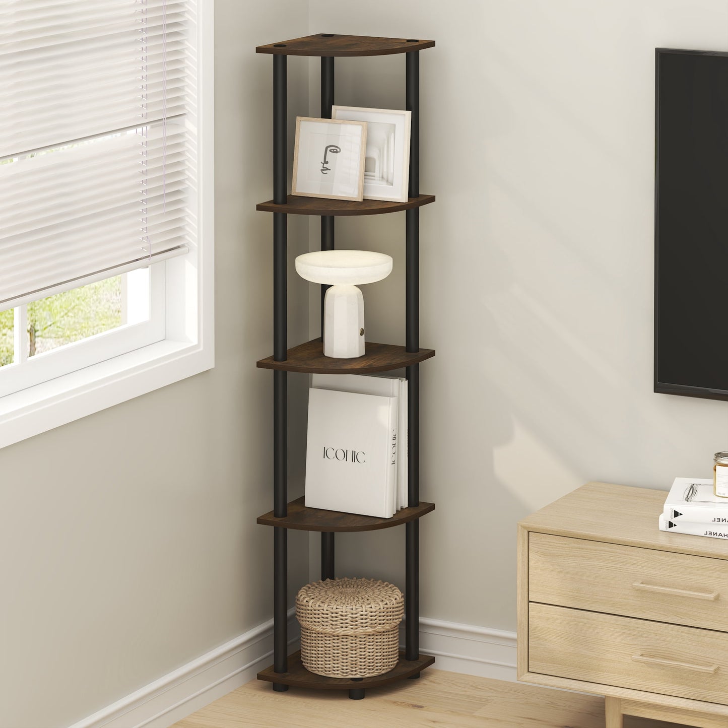 Furinno TURN-N-TUBE 5 Tier Corner Bookshelf in Amber Oak