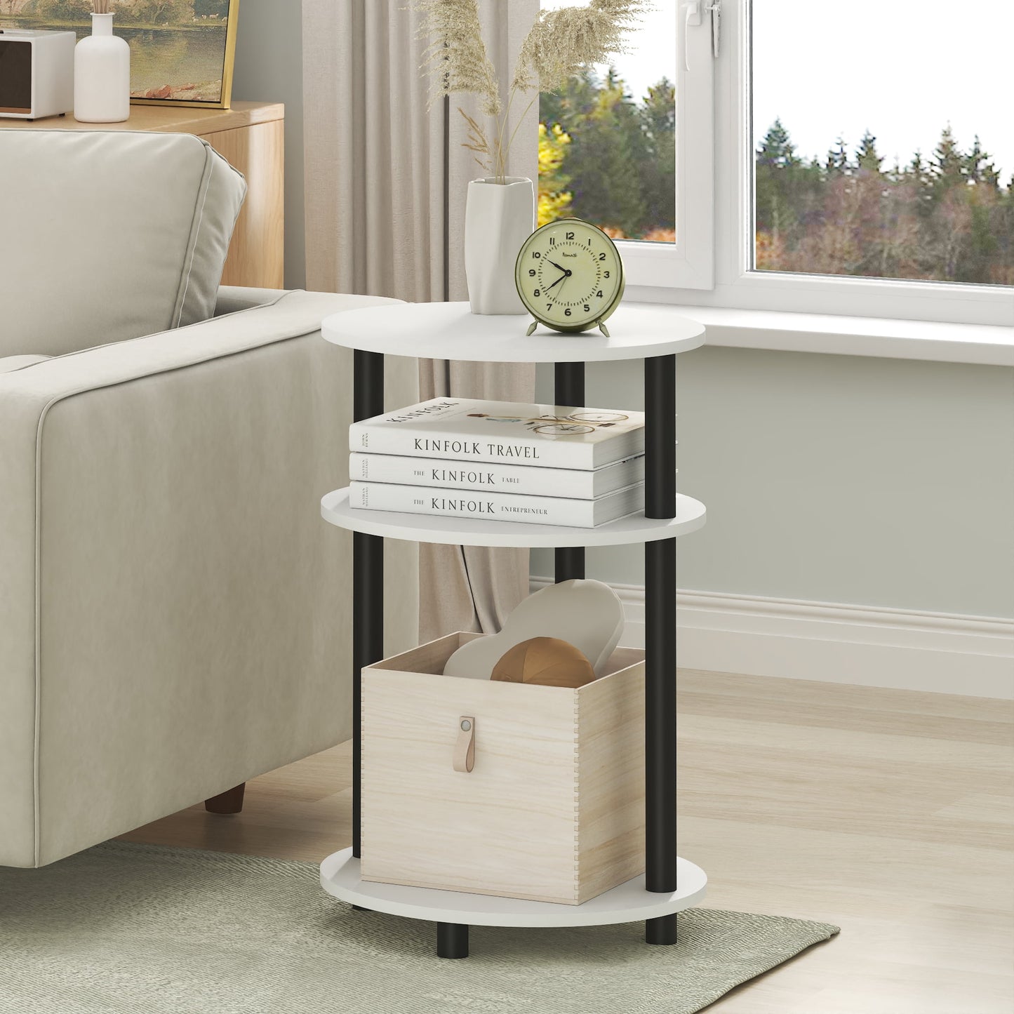 Furinno TURN-N-TUBE Night Stand, 3-Tier 23" Tall Oval Nightstand, Bedside Table with Open Shelving for Bedroom, Living Room, White