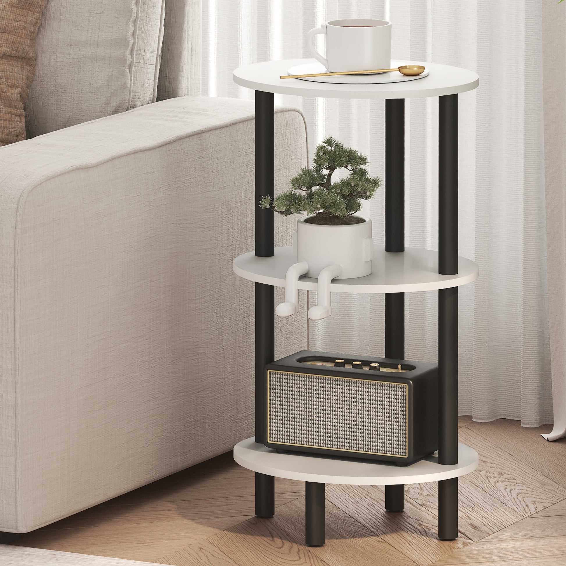Furinno TURN-N-TUBE Night Stand, 3-Tier 27.6" Tall Oval Nightstand, Bedside Table with Open Shelving for Bedroom, Living Room, White