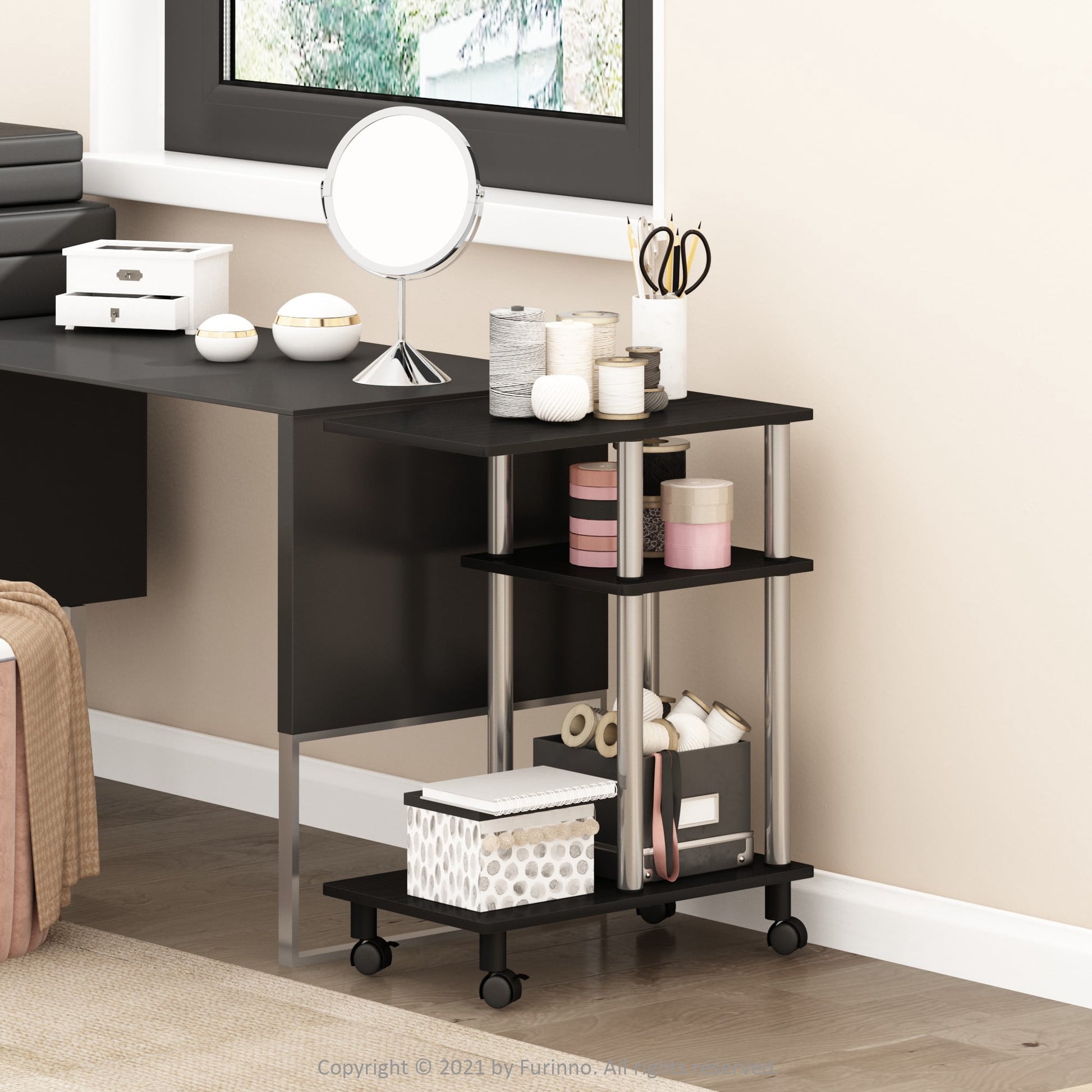 Furinno TURN-N-TUBE Side Table, 3-Tier C-Shape End Table with Wheels, Toolless Assembly Night Stand, Bedside Table with Open Shelf, for Living Room, Bedroom, Dark Americano/Stainless Steel