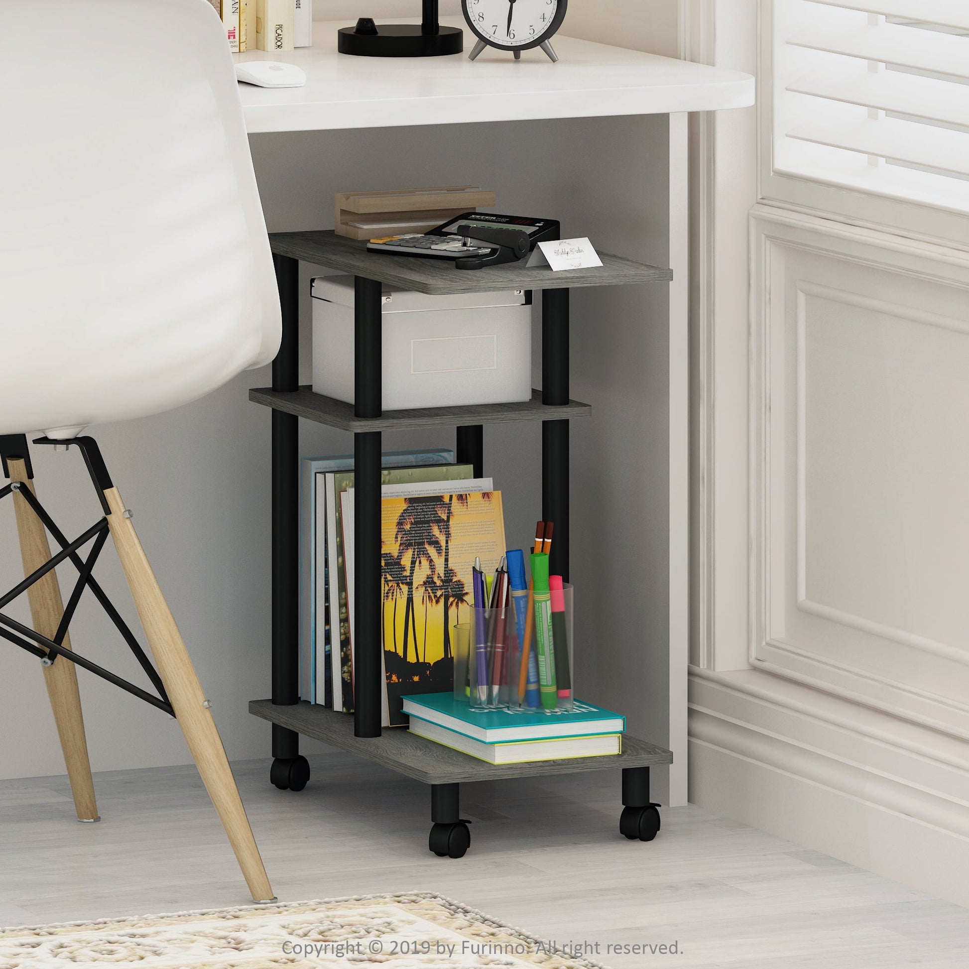 Furinno TURN-N-TUBE Side Table, 3-Tier C-Shape End Table with Wheels, Toolless Assembly Night Stand, Bedside Table with Open Shelf, for Living Room, Bedroom, Grey Oak/Black