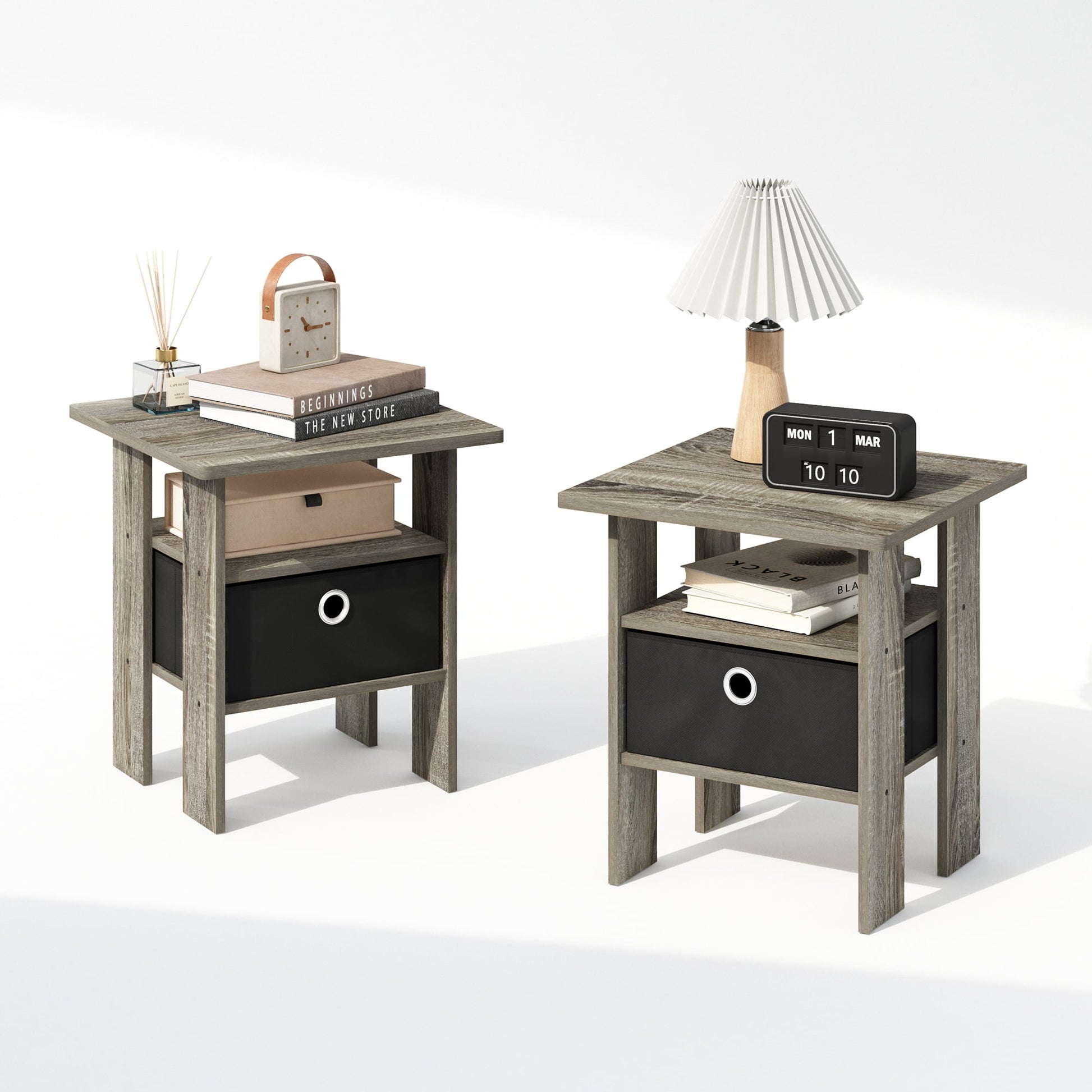Furinno Tidur Bedside Table Nightstand with Bin Drawer, French Oak/Black, Set of 2