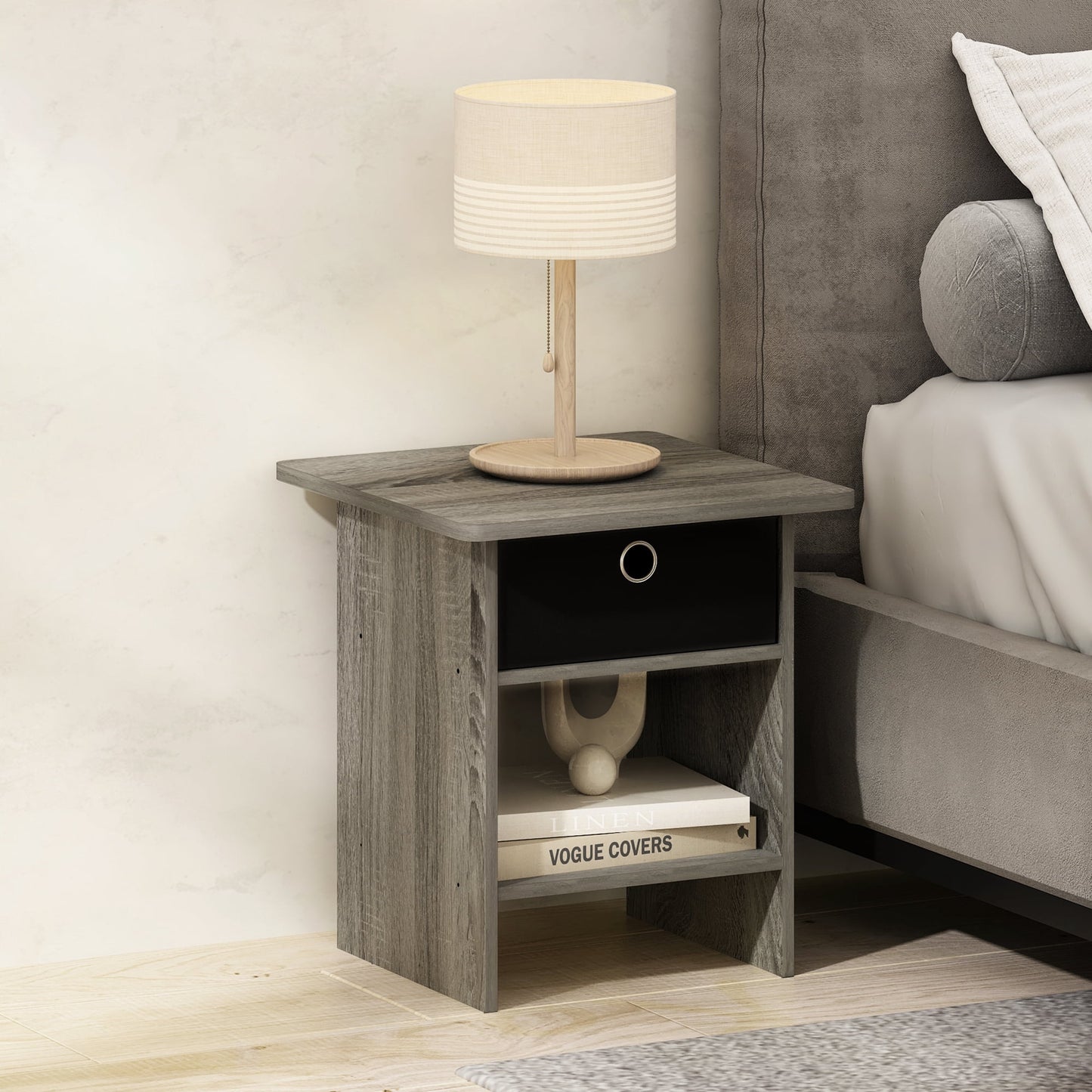 Furinno Tidur Nightstand, Bedside Table Storage Shelf with Bin Drawer, French Oak/Black