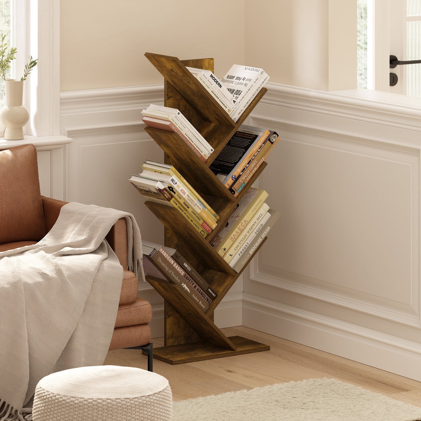 Furinno EstanterÃ­a de Ãrbol de 7 Niveles para Piso, Librero de Ãrbol, Pino Ãmbar