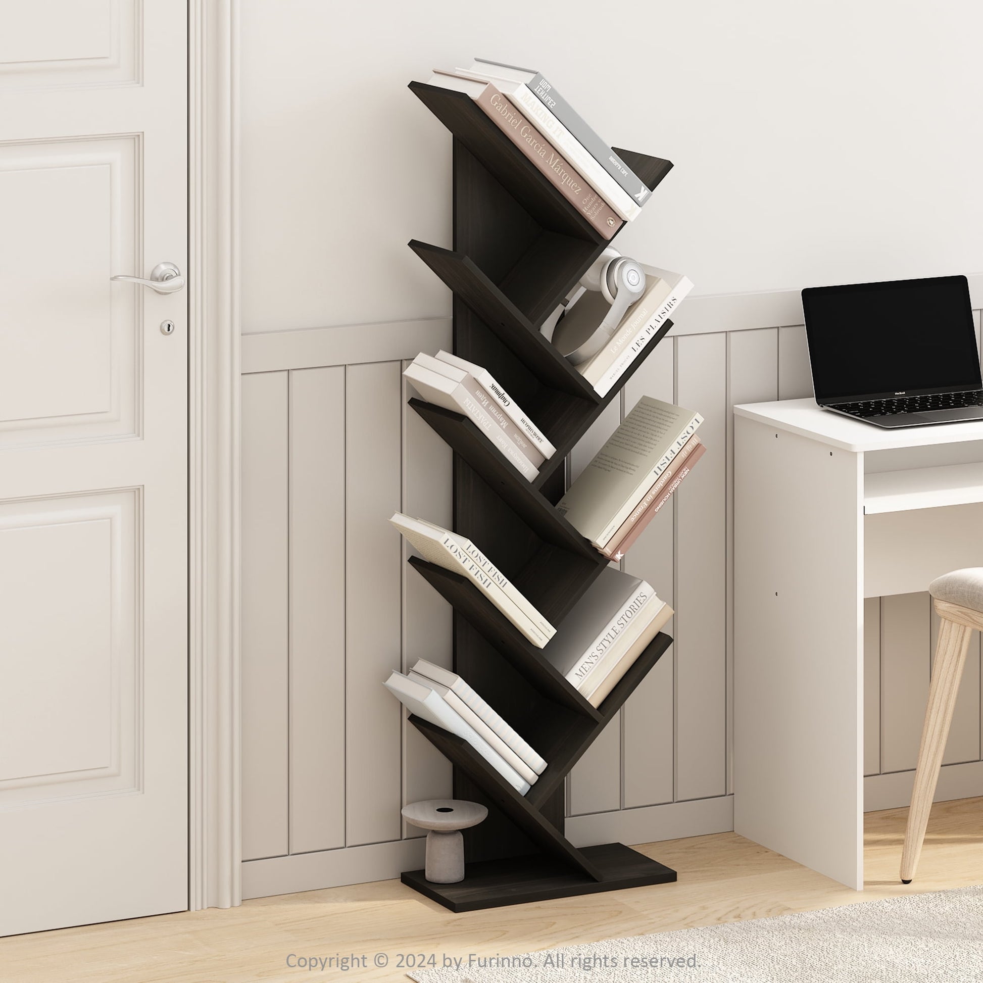 Furinno Tree Bookshelf 9-Tier Floor Standing Tree Bookcase, Plain White