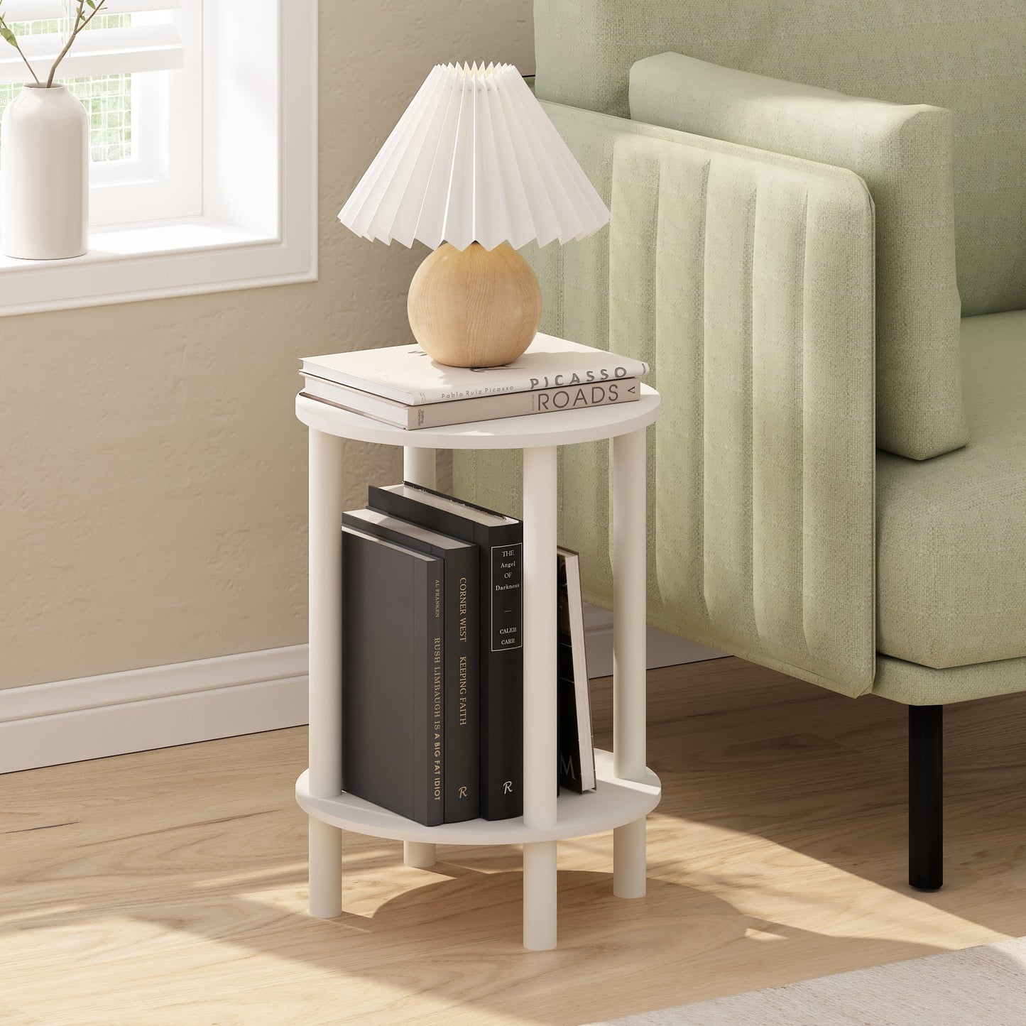 Furinno Turn-N-Tube 2-Tier Round Wooden End Table, Side Table, Amber Pine/Black