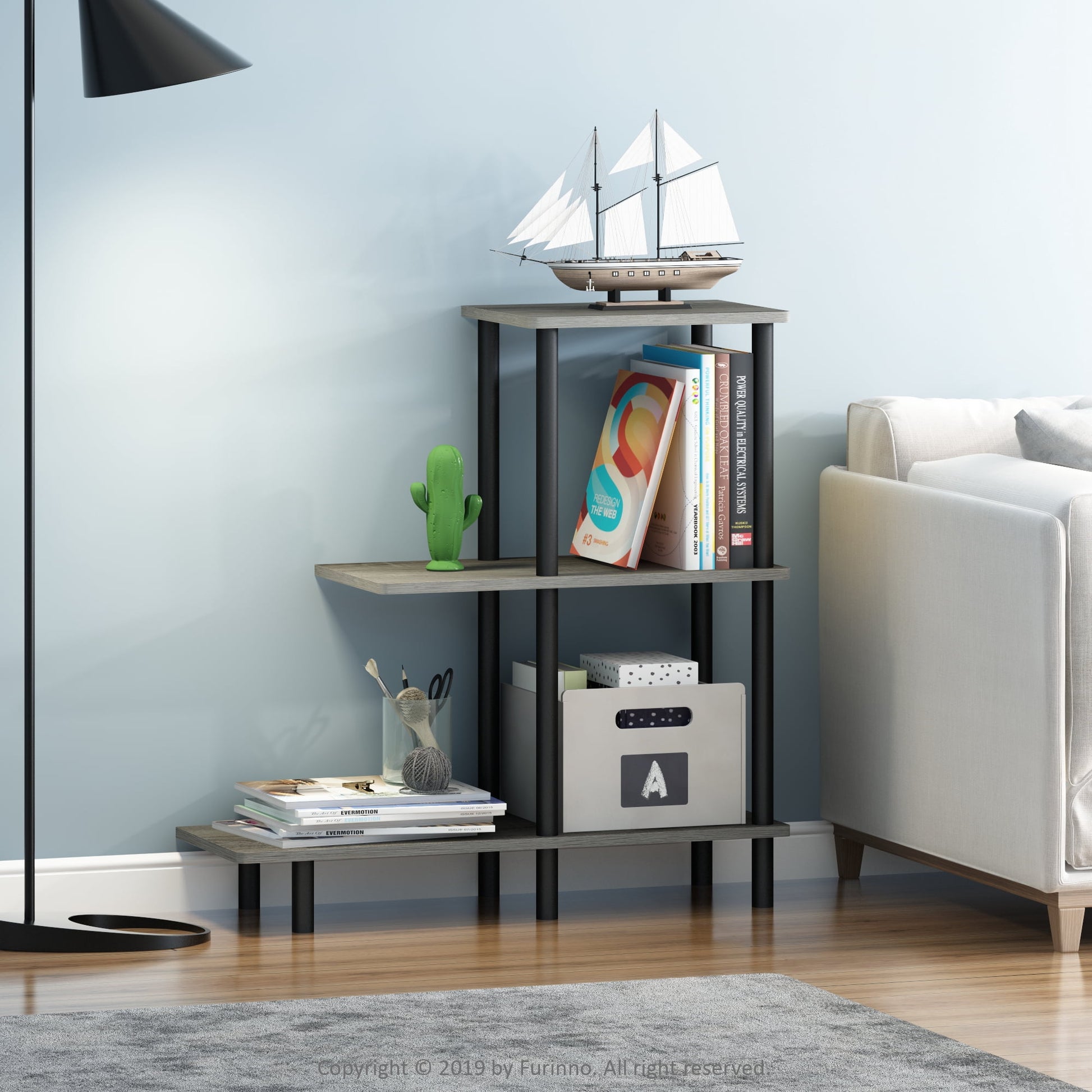 Furinno Turn-N-Tube 3-Tier Sofa Side Table Tall, French Oak/Black