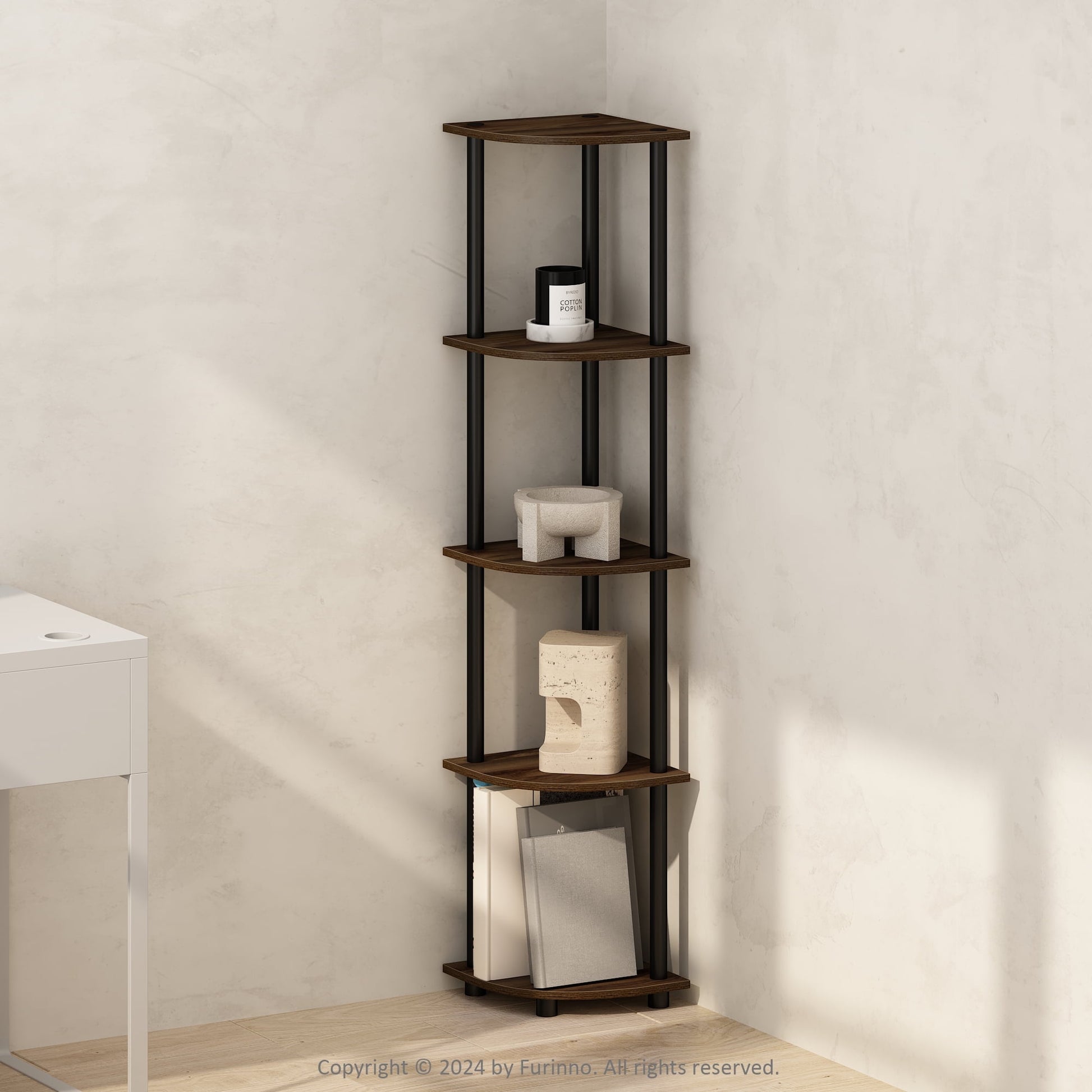 Furinno Turn-N-Tube 5 Tier Corner Bookcase, Particle Board Columbia Walnut/Black, 9 lb