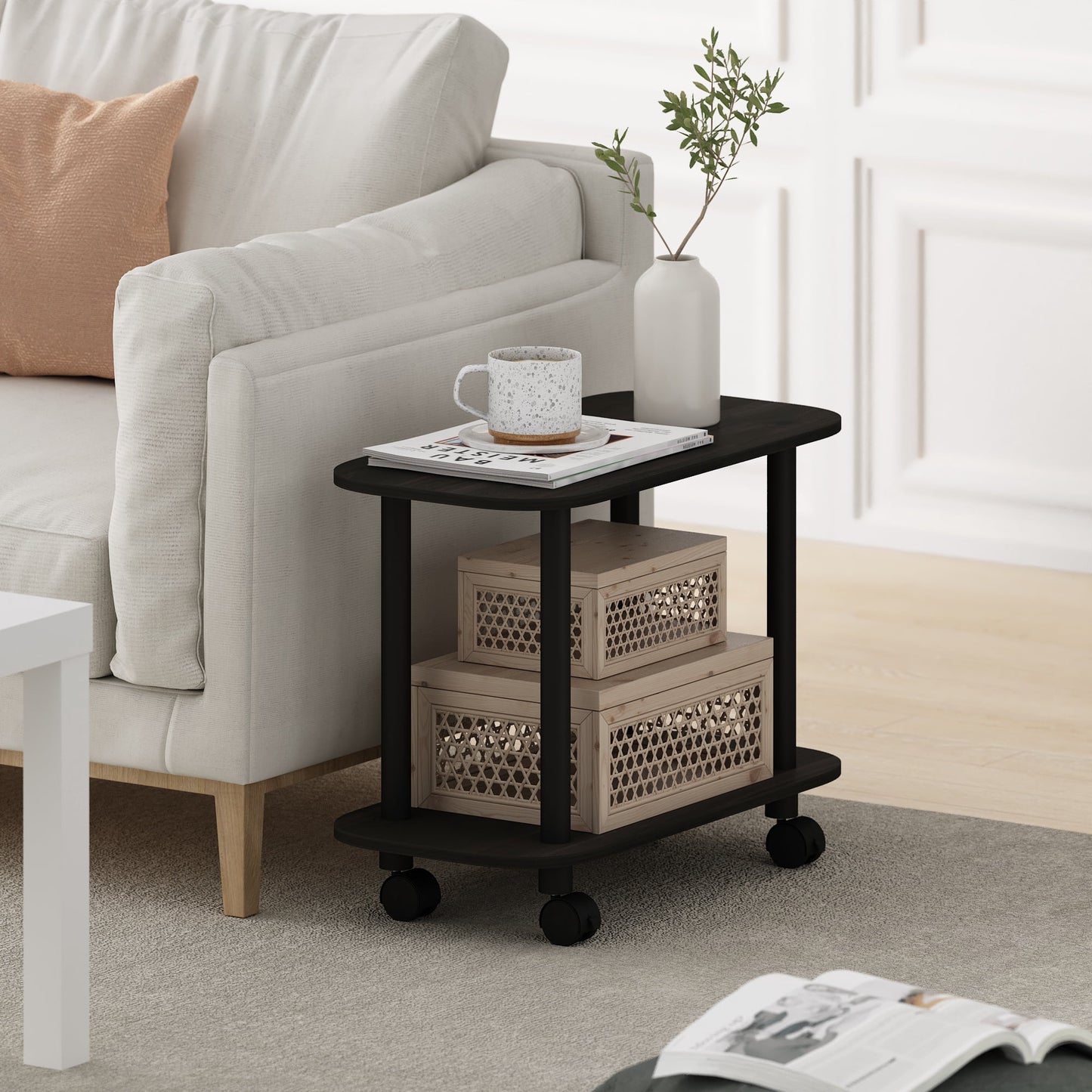 Furinno TURN-N-TUBE Side Table, 2-Tier Oval Sofa End Table with Wheels, Round Corner Night Stand, Bedside Table with Open Shelf, Toolless Assembly, for Living Room, Bedroom, Amber Oak